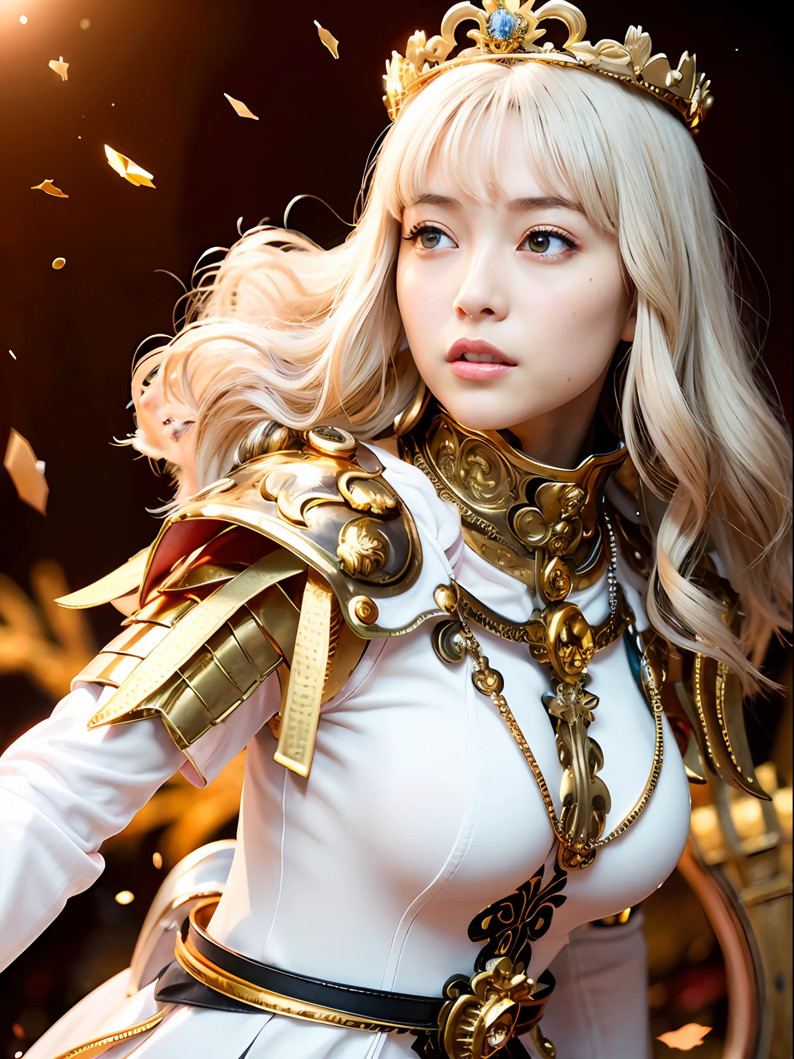 (masutepiece), Professional , ​masterpiece、top-quality、photos realistic , depth of fields （Gemstone White Metal Body:1.９),(Matte White、Jewel Gold Weapon（Jewel Metal Body:1.４),Gorgeous metal weapons ,（（ Detailed and gorgeous sword of the brave）） , Beautiful knife   ,warhammer 40k , adepta sororitas,Detail and ornate jewel crown、（（Golden hair））、（（Gangle's forest background））、Beautiful Caucasian beauty、１a person、dynamic ungle,(((Detailed and ornate diamond crown)))、Smaller head、A smile、Background inside the castle、Thin and beautiful female hands、cleavage of the breast、Soldier in iron armor on background、Mystical expression、Light Effects、intense fighting、Wind-effect、magic circles、With the legendary magic wand、