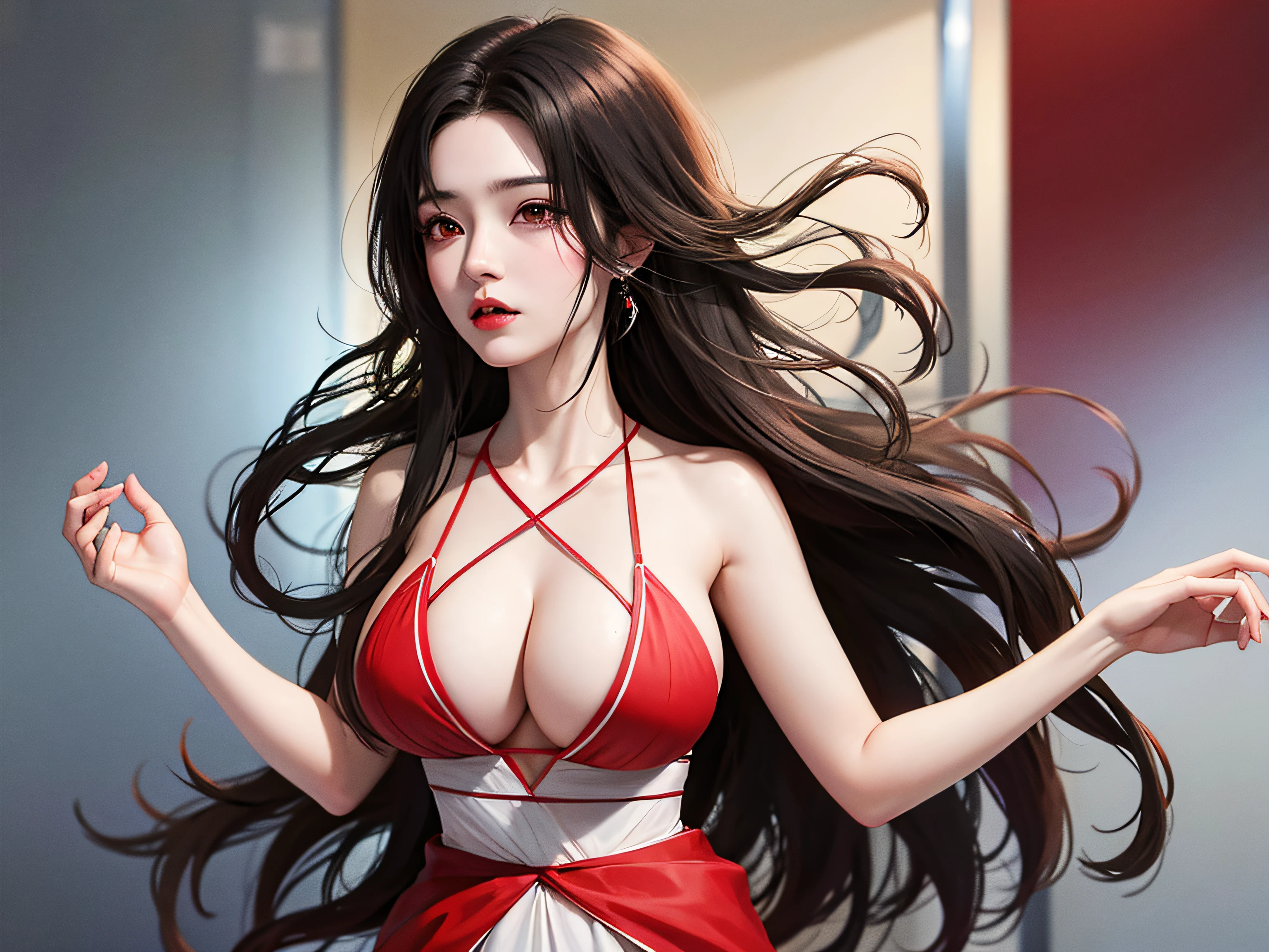 nar_kurenai_yuhi,Divide hair in the middle,see-through transparent clothes,(Arashi:1.2),Red eyes,,Makeup,huge tit,areola of breast,tit