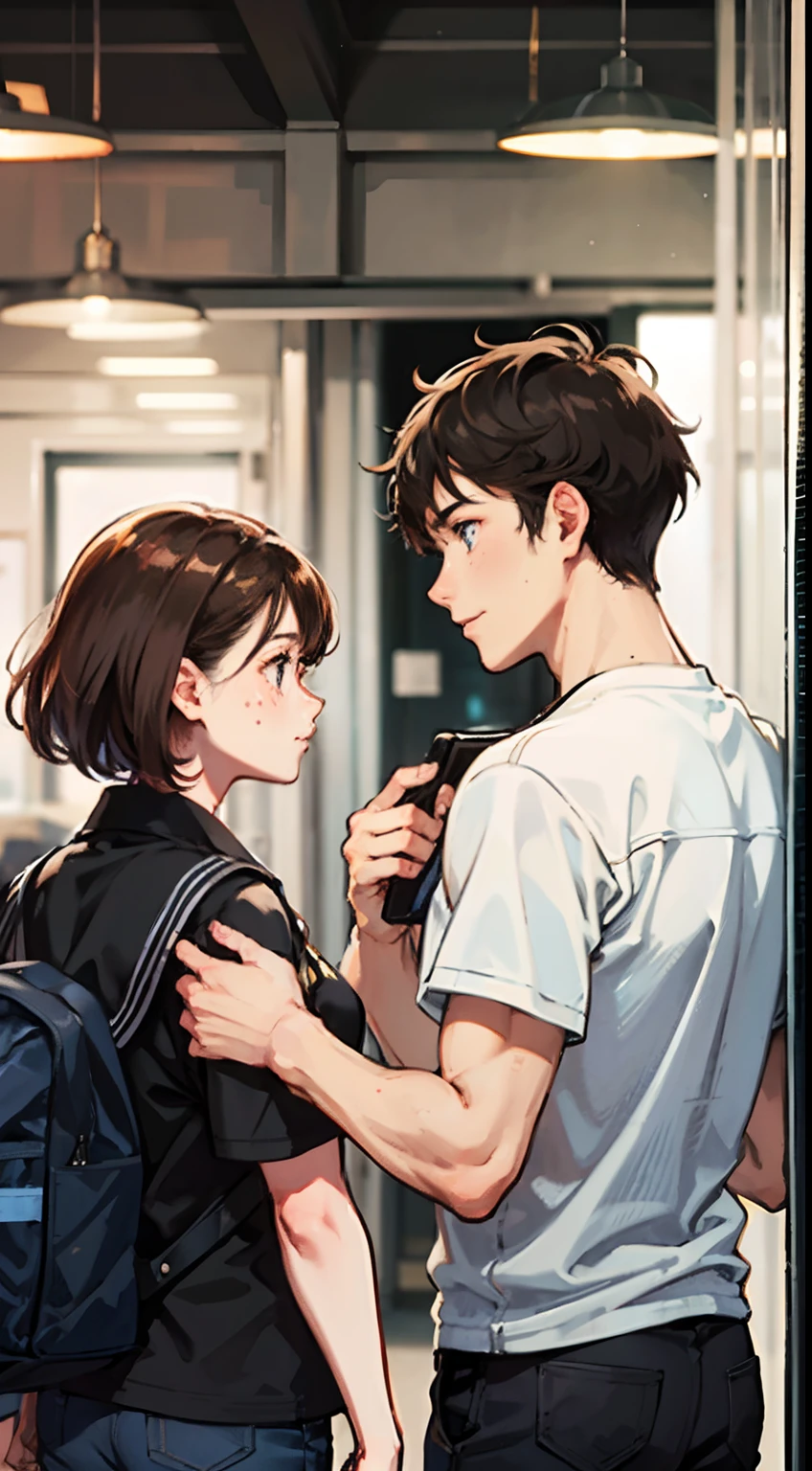 4characters, high school students, standing
1boy, brown hair, blue eyes
1girl, black hair, black eyes
1girl, brown hair, brown eyes, freckles
1boy, blond hair, back view