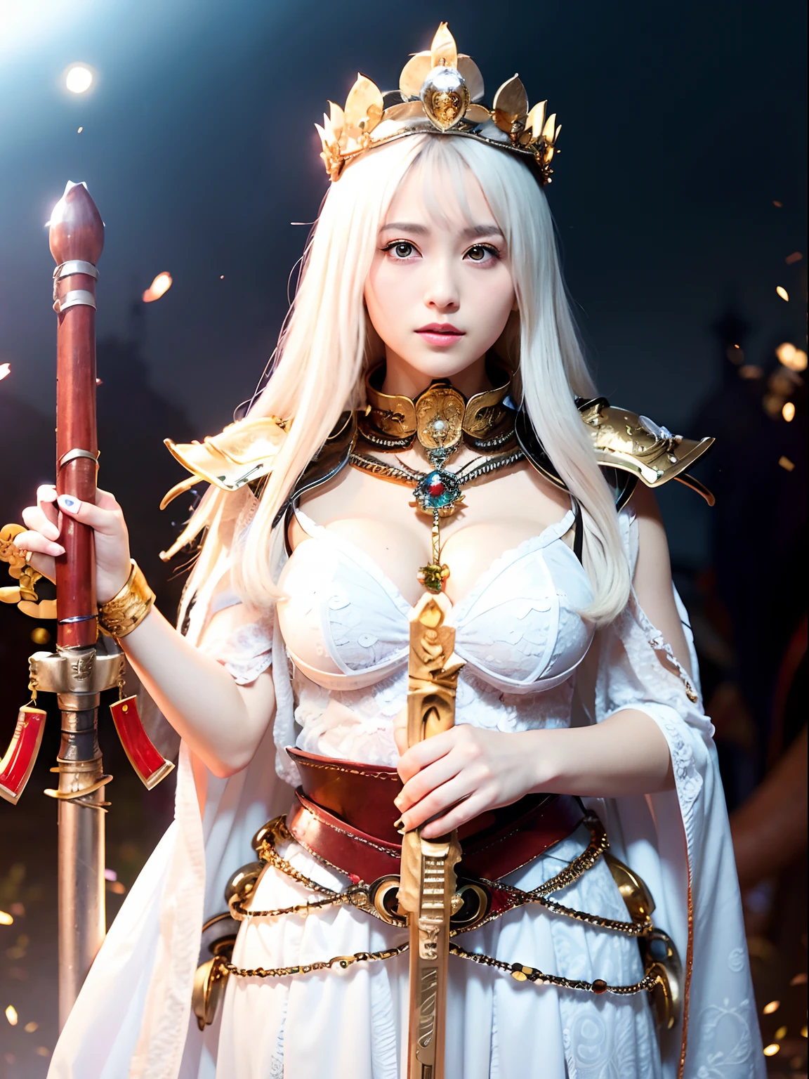 (masutepiece), Professional , ​masterpiece、top-quality、photos realistic , depth of fields （Gemstone White Metal Body:1.９),(Matte White、Jewel Gold Weapon（Jewel Metal Body:1.４),Gorgeous metal weapons ,（（ Detailed and gorgeous sword of the brave）） , Beautiful knife   ,warhammer 40k , adepta sororitas,Detail and ornate jewel crown、（（Golden hair））、（（Gangle's forest background））、Beautiful Caucasian beauty、１a person、dynamic ungle,(((Detailed and ornate diamond crown)))、Smaller head、A smile、Background inside the castle、Thin and beautiful female hands、cleavage of the breast、Soldier in iron armor on background、Mystical expression、Light Effects、intense fighting、Wind-effect、magic circles、With the legendary magic wand、