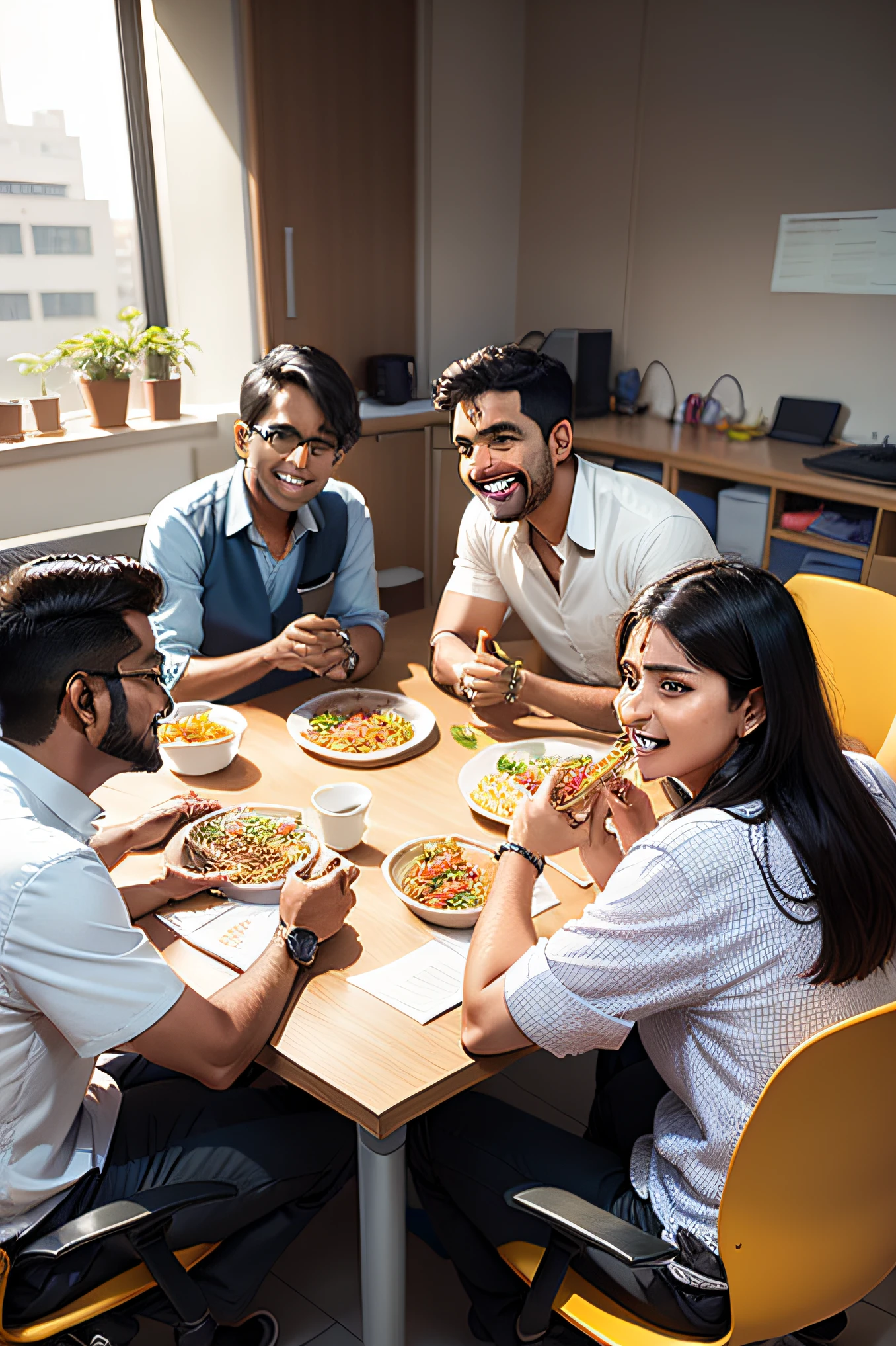 A group of Indian colleagues, sitting in an office, casual wear, working, talking and laughing, eating food as well
