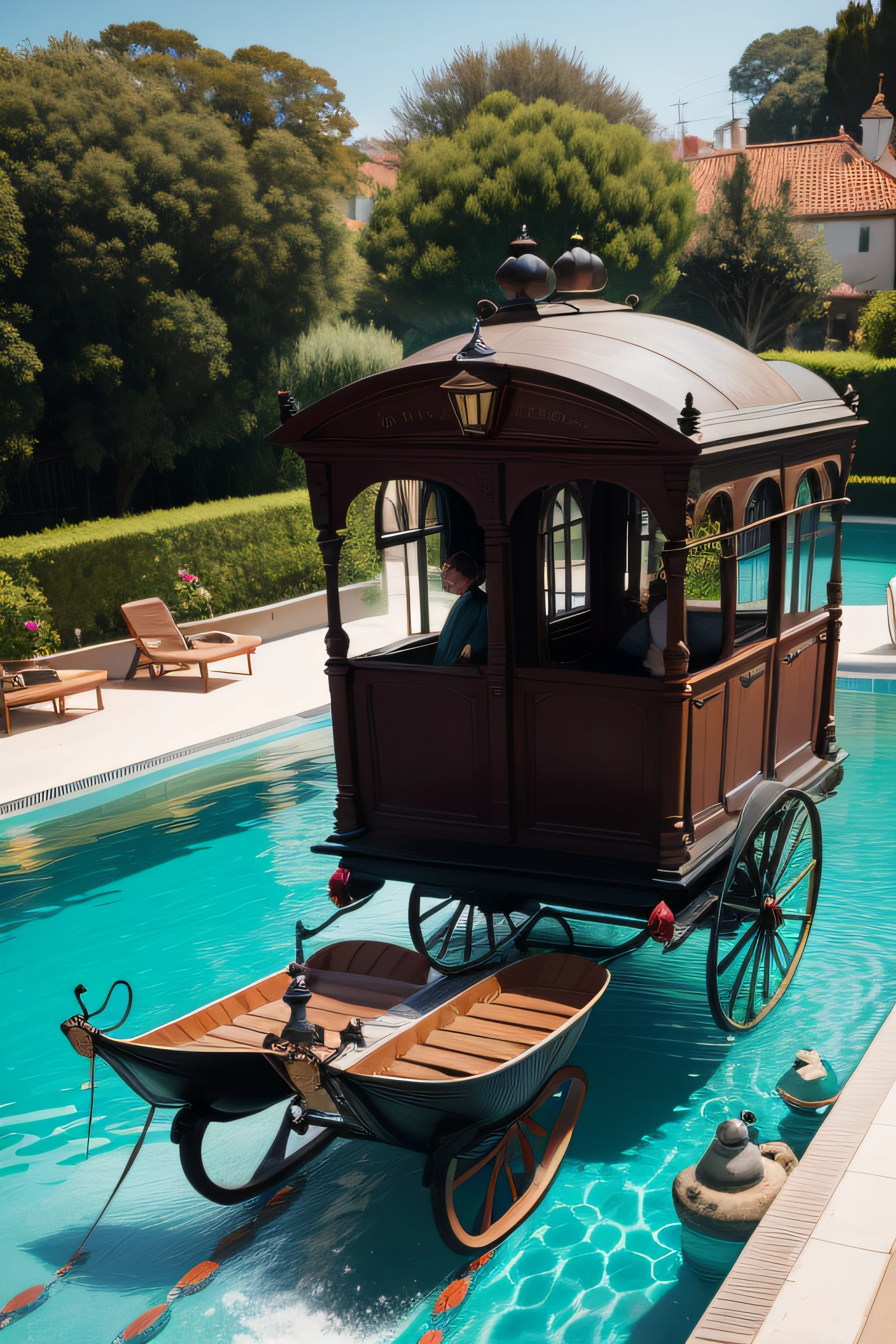 casal feliz, behind with a carriage and a mansal with pool