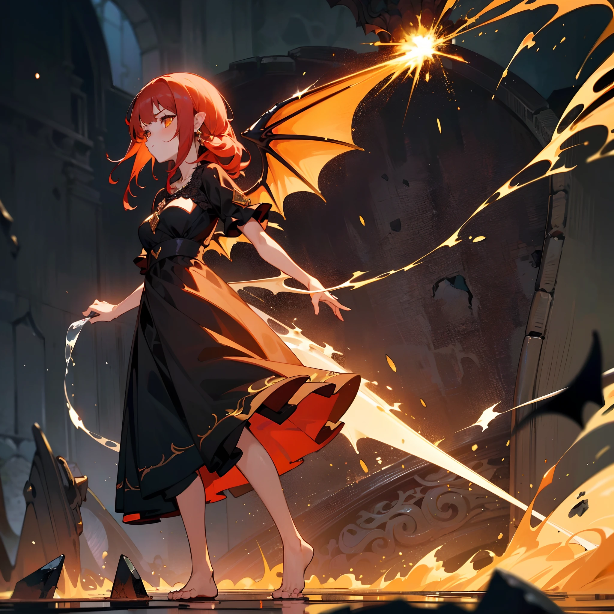 high high quality，tmasterpiece，Delicate facial features，Delicate hair，Delicate eyes，Delicate hair，A high resolution,beautifuldetails,Excellent human anatomy,(1 girl:1.3),Solo,full bodyesbian,(//Dragon female(Dragon horn,Dragon wings):1.3//),Red hair,Orange eyes,Ruby jewelry necklace,(Loli,kiddy big breasts,Greer Jr),Black lace dress(The dress has a pannier),Bare feet,ruins,volcano background,(Stand on the floor made of black stone:1.3)+(Splashing magma everywhere:1.3)+(Spark!),(Golden ratio:1.2),[(Red background:1.4)::10]