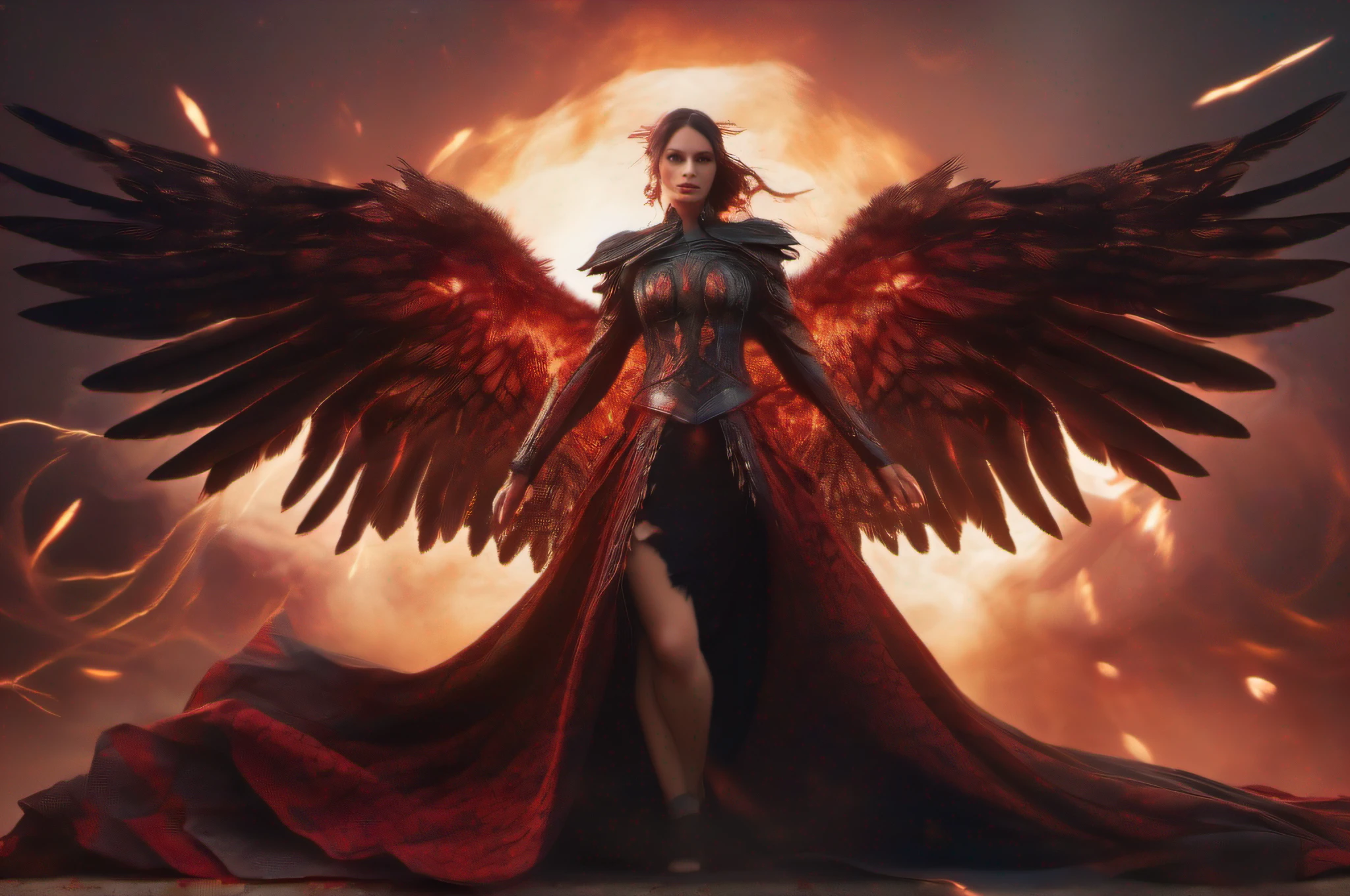 A cinematic hyperrealistic full body portrait of an evil fallen female Archangel of vengeance with massive fiery black and red wings, levitating under a starry night sky with a full moon. The frontal angle shows her intense gaze directly at the camera as she spreads her immense intricately detailed wings. The contrapicado composition dramatizes the wings' span and her threatening expression with depth of field and shallow focus. Intricate photorealistic details using naturalistic lighting depict feather textures with glints of flame reflected from the burning city behind. The light plays dramatically across her armor and face with high-contrast ambient occlusion. Soft focus enhances the wings while the apocalyptic cityscape is visible sharply in the background. The sky glows red with dense smoke, volumetric lighting, and embers float through the air around her. Her eyes glare with specular highlights.