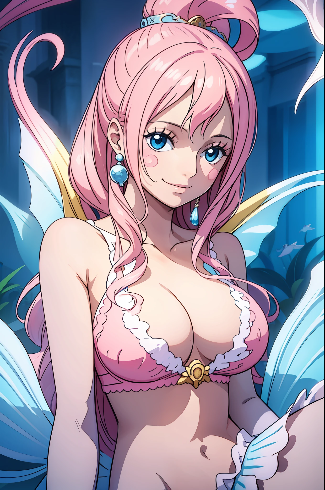 tmasterpiece，best qualtiy，mermaids，A pink-haired，ssmile，Shells on the breast，Blue fish tail，Close-up shot，Large breasts