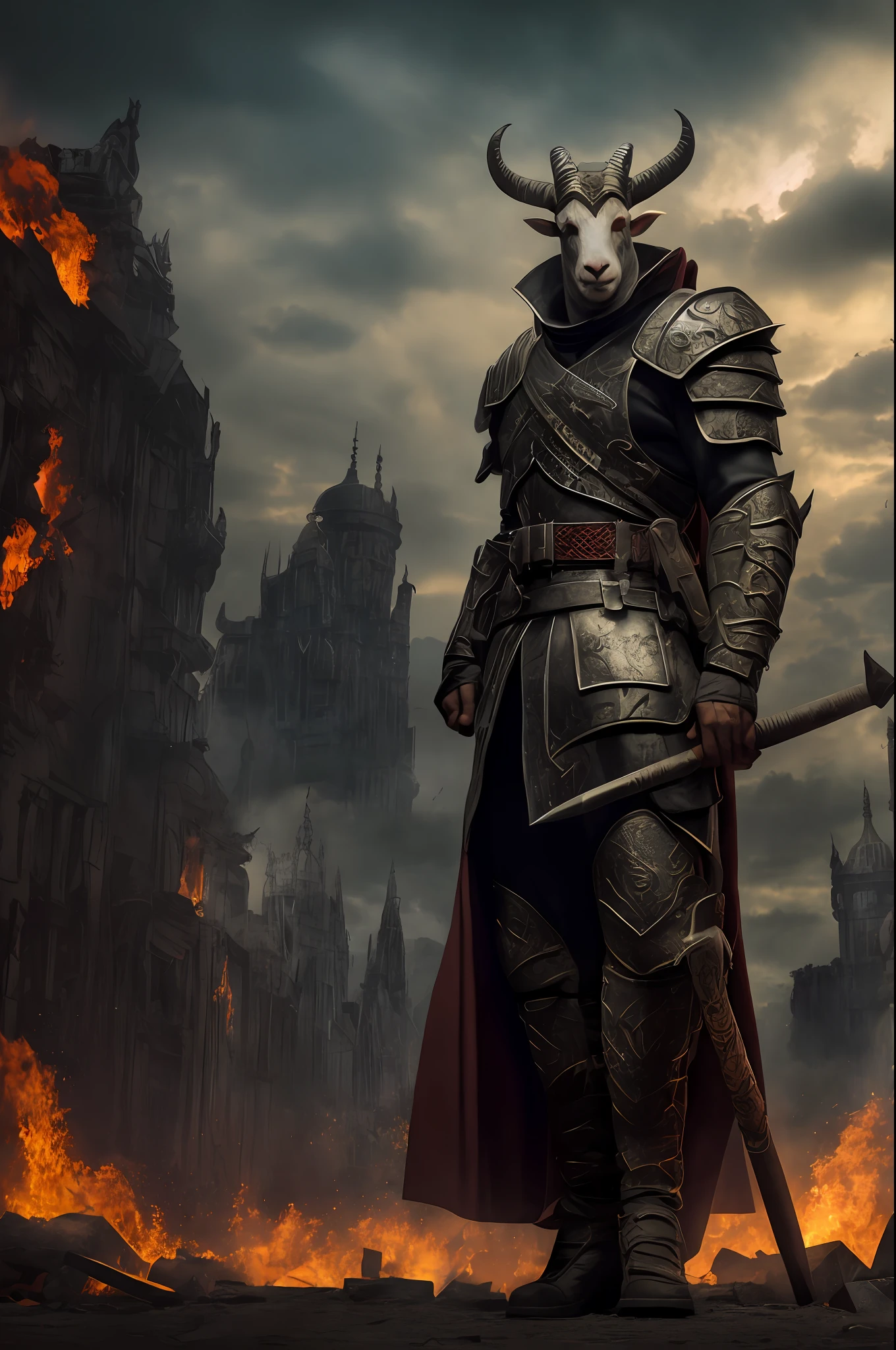 Goat-faced demon ，Wear military uniforms，Pick up the axe，red - eyed，unholy，Fierce，rampage ，Stand at the highest part of the city，Observe the city，Behind is the Demon Legion，Epic war fantasy digital art，tmasterpiece，high qulity，8K，UHD resolution，Detailed detail drawing，realisticlying，Very realistic，cinmatic lighting,an award winning photograph,rich colours，hyper realistic lifelike texture，Dramatic lighting
Wait for it to start