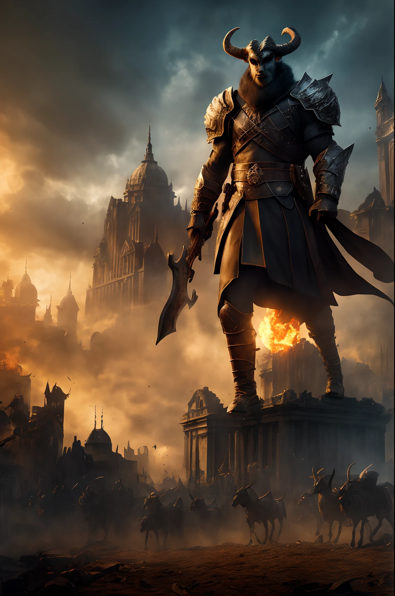 Goat-faced demon ,Wear military uniforms,Pick up the axe,red - eyed,unholy,Fierce,rampage ,Stand at the highest part of the city,Observe the city,Behind is the Demon Legion,Epic war fantasy digital art,tmasterpiece,high qulity,8K,UHD resolution,Detailed detail drawing,realisticlying,Very realistic,cinmatic lighting,an award winning photograph,rich colours,hyper realistic lifelike texture,Dramatic lighting
Wait for it to start