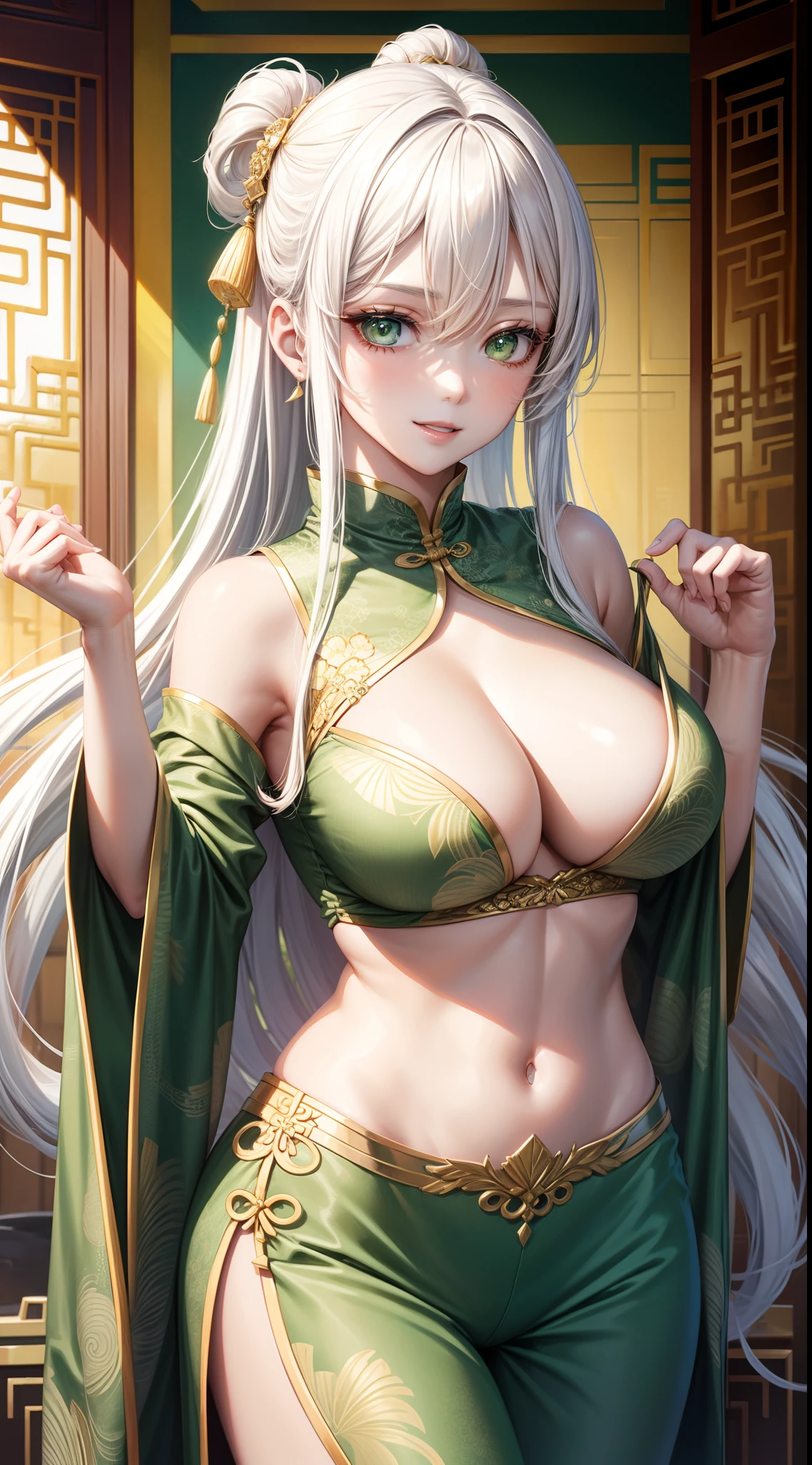 Adult woman, Long white hair, Green eyes, Green Chinese tight top, Chinese beautiful patterns, neckline on the chest, open breasts, baggy pants, Gold Elements, ssmile, Masterpiece, hiquality