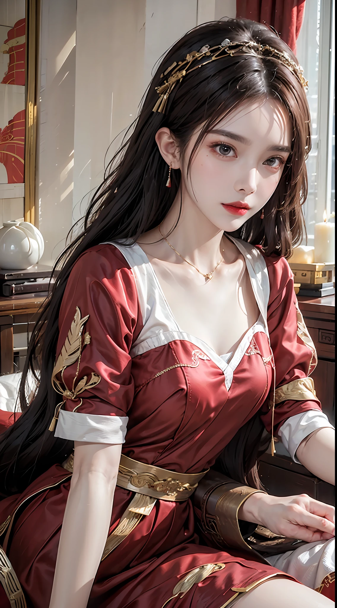 (Ultra-realistic 8k CG: 1.2), perfect artwork, delicate patterns, intricate details, (unparalleled masterpiece, best quality: 1.2), (extremely complex: 1.2), a woman in a red and gold dress, phoenix crown, hair stick, (sitting on a red bed), makeup, blush, shyness, white hair, looking down, cosmetics, (forehead point), (2 red candles), Chinese_clothes, curtains, earrings, hair_ornament,hanfu, interior, jewelry, red nails, long_sleeves, red dress, red lips, tassels, (red quilt), (red palace: 1.2), (ancient Chinese architecture), (red: 1.8), night