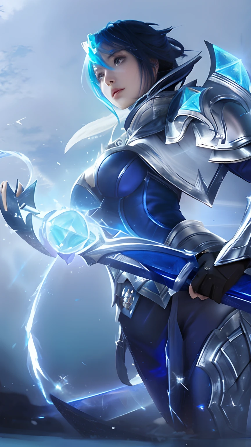 a close up of a woman with a sword and a blue light, ashe, irelia, irelia from league of legends, riven, blue and ice silver color armor, mobile legends, orianna, sliver ice color reflected armor, crystalline skin, extremely detailed artgerm, with sleek silver armor, lux from league of legends, splash art