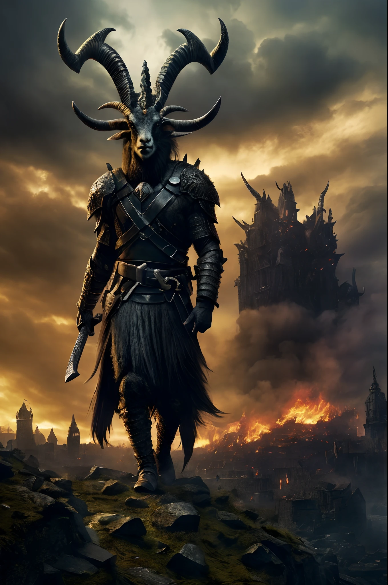 Goat-faced demon ，Wear military uniforms，Pick up the axe，red - eyed，unholy，Fierce，rampage ，Stand at the highest part of the city，Observe the city，Below is the demon army，Epic war fantasy digital art，tmasterpiece，high qulity，8K，UHD resolution，Detailed detail drawing，realisticlying，Very realistic，cinmatic lighting,an award winning photograph,rich colours，hyper realistic lifelike texture，dramatic  lighting