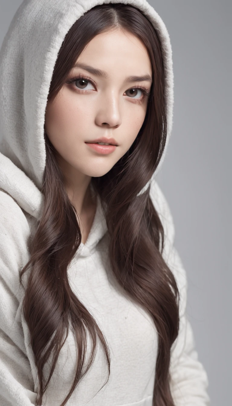 1girl in, super model, (((Beautiful clear face))), The woman, oversized hoodie, Ass big, long hair of black color, masutepiece, Best Quality, shoes, fullllbody, posing for photo, beautifully color-coded, Ankle Socks, Schushbutt leggings isolated on white background, studio, sideways glance, Hooded