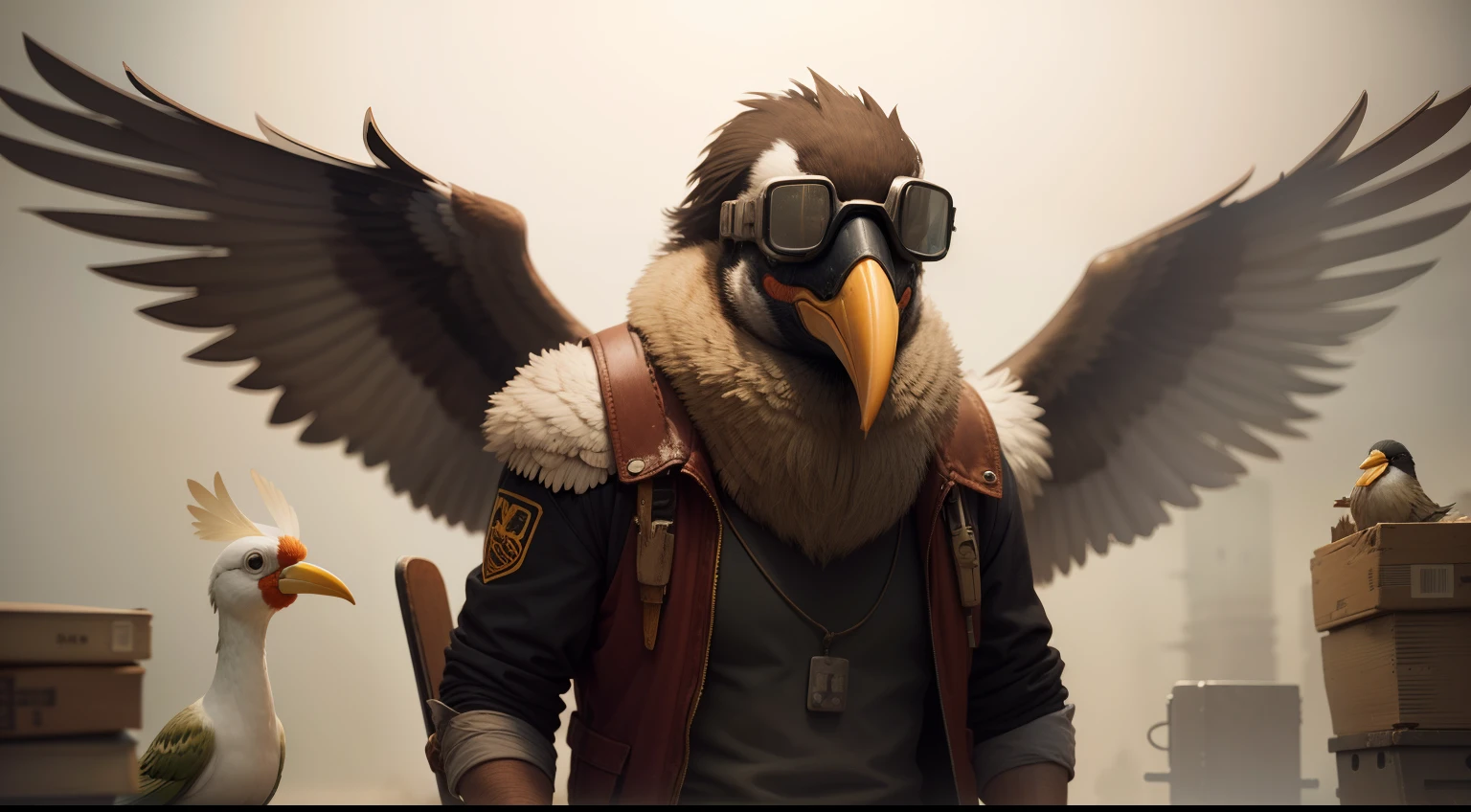 Bird-headed bird-beaked man,Wear pilot goggles,The shell is broken,decrepit