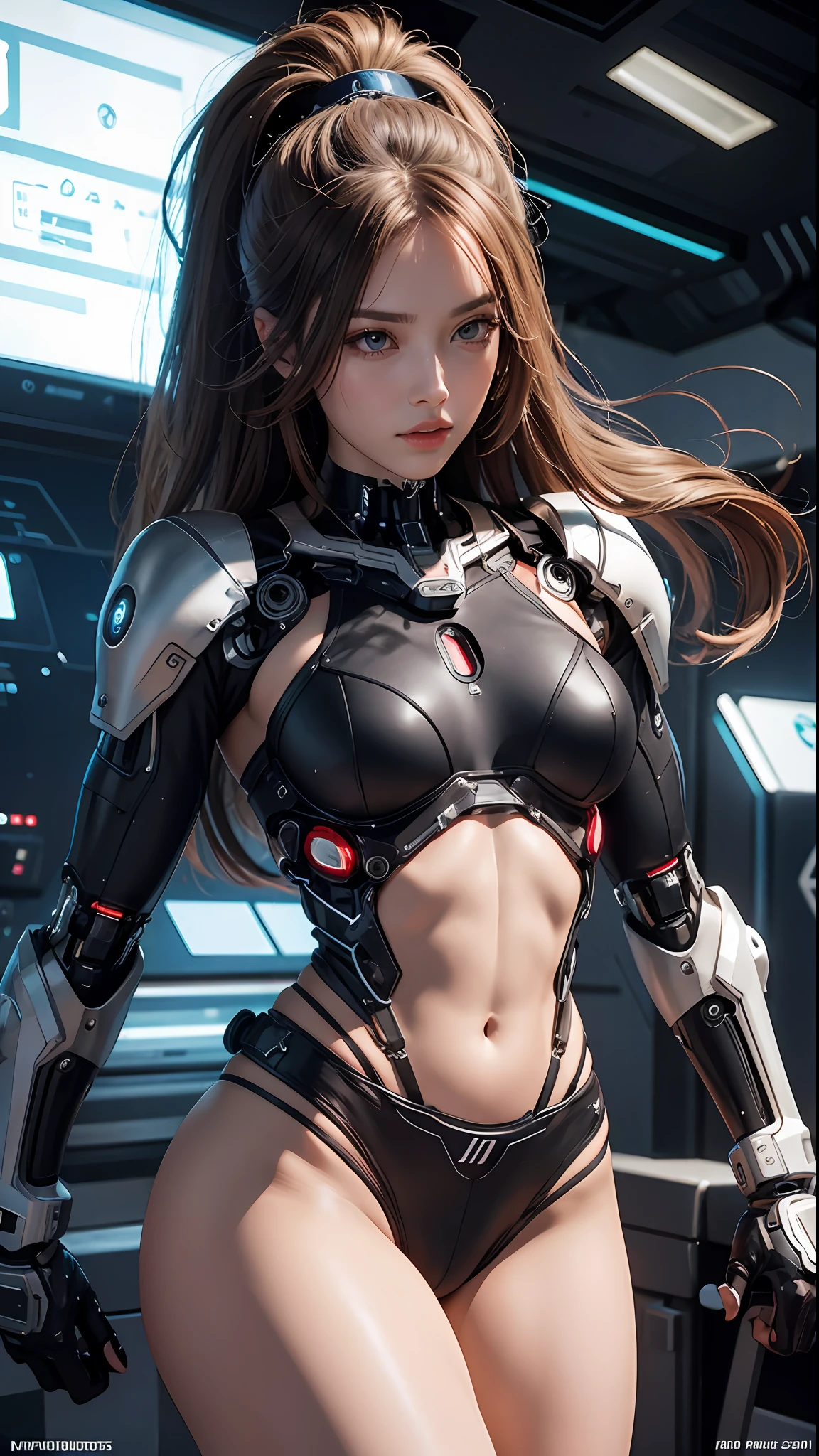 Beautiful cybernetic girl looking at the camera in underwear detailed muscles realistic masterpieces dynamic poses