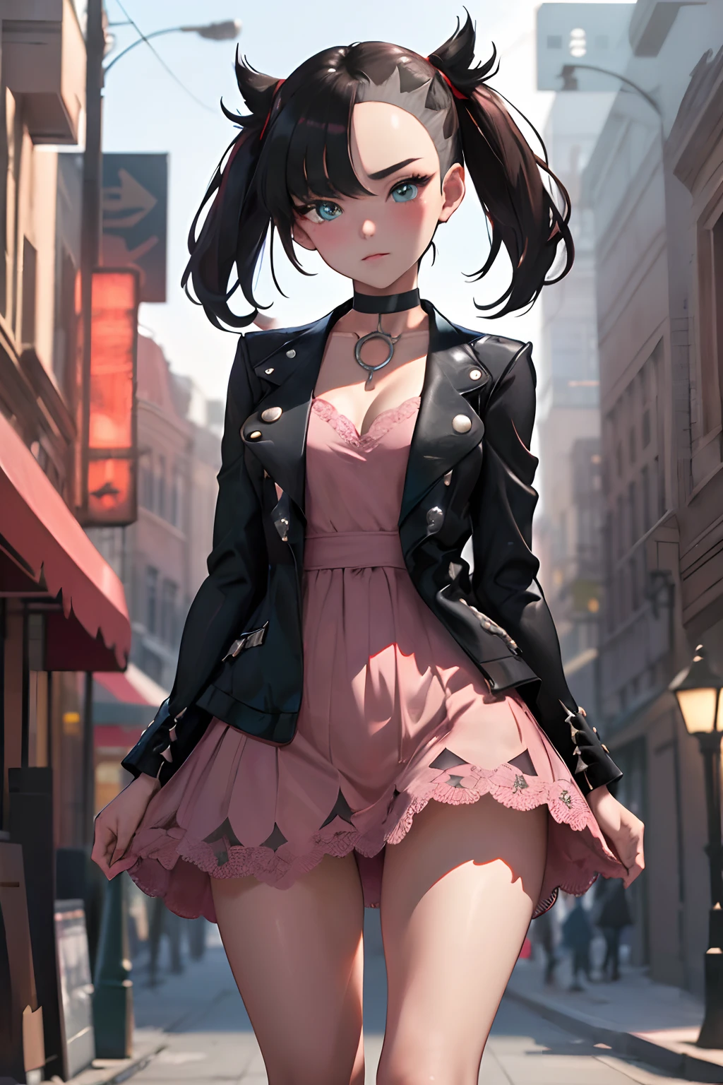 "An exquisite masterpiece with the best quality and high resolution featuring Hmmarnie. Her captivating aqua eyes shine under the dim lights of a dirty night city street. She wears a pink dress, lacy panties and is adorned with a black choker and a red ribbon. Her black jacket is open, revealing the long sleeves of her outfit. The composition presents a cowboy shot of her standing confidently looking at the viewer, holding up her dress, exuding a hint of blush on her cheeks."
