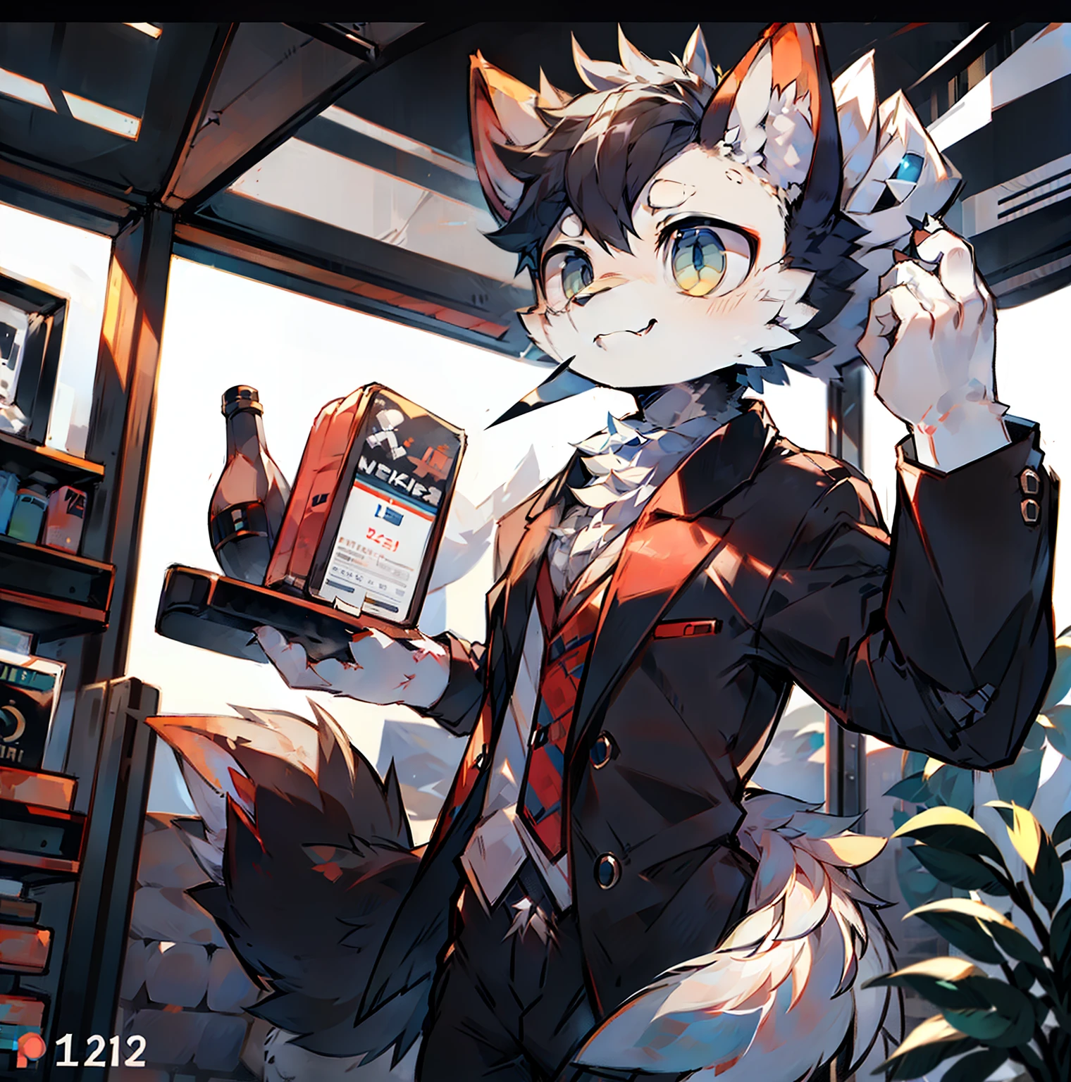 single ,furry male, arctic fox, canine, gray-black fur, golden eyes, bartender, waiter dress