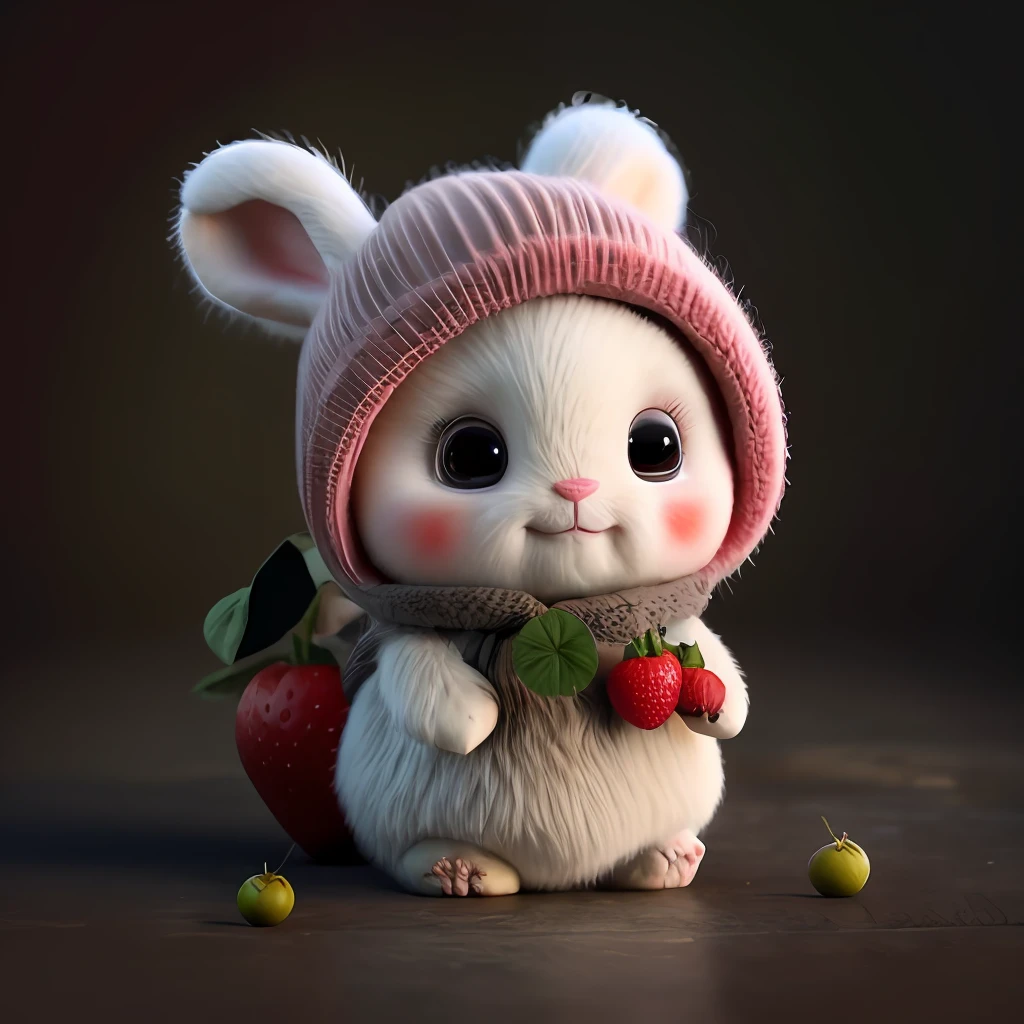 : 3. Rabbit, realistic, hairy, clothed animal, apple, dark circles, blush, cherry, food, fruit, full body, hat, non-human, strawberry, tomato, watermelon