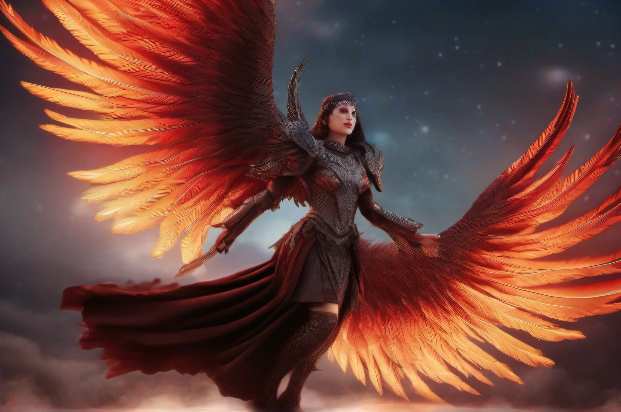 A cinematic hyperrealistic full body portrait of an evil fallen female Archangel of vengeance with massive fiery black and red wings, levitating under a starry night sky with a full moon. The frontal angle shows her intense gaze directly at the camera as she spreads her immense intricately detailed wings. The contrapicado composition dramatizes the wings' span and her threatening expression with depth of field and shallow focus. Intricate photorealistic details using naturalistic lighting depict feather textures with glints of flame reflected from the burning city behind. The light plays dramatically across her armor and face with high-contrast ambient occlusion. Soft focus enhances the wings while the apocalyptic cityscape is visible sharply in the background. The sky glows red with dense smoke, volumetric lighting, and embers float through the air around her. Her eyes glare with specular highlights.