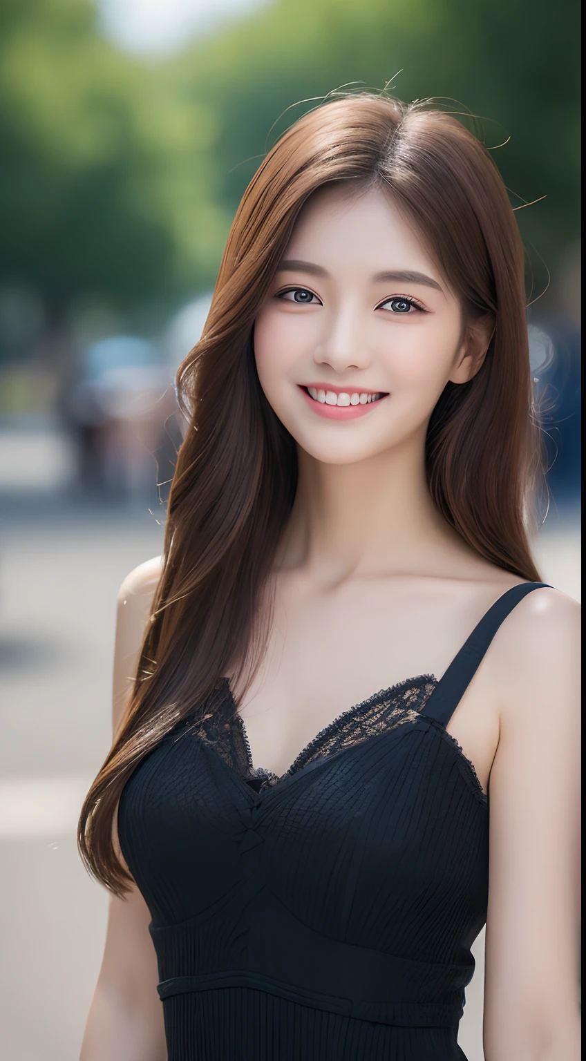 ((Best quality, 8k, Masterpiece :1.3)), 1girl, smiling, full body, slim face, Pretty woman, (Dark brown hair), full length dress :1.1, Ultra-detailed face, Detailed eyes, Double eyelid, blur background, slim face, city, outside, street,