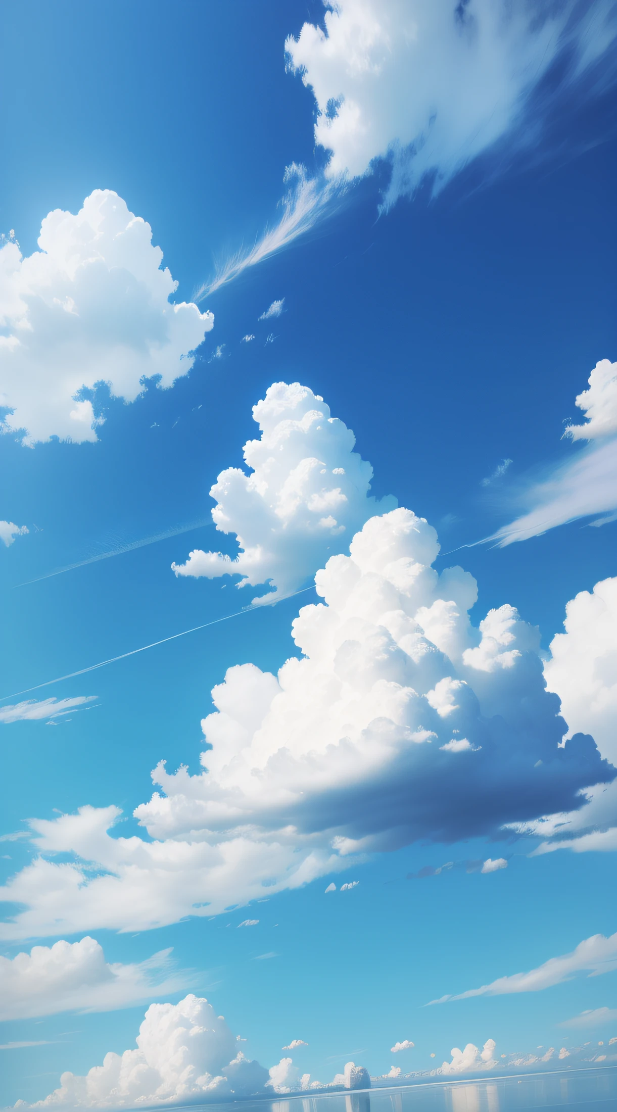 ((1Photo))、best qualtiy、masterpiece、(Photorealsitic:1.4)、Generate refreshing blue sky photos。The blue sky is pale blue and bright、The wind is light and blowing from right to left。Clouds are fluffy, white and scarce、The sun is above the horizon、Small and round。
