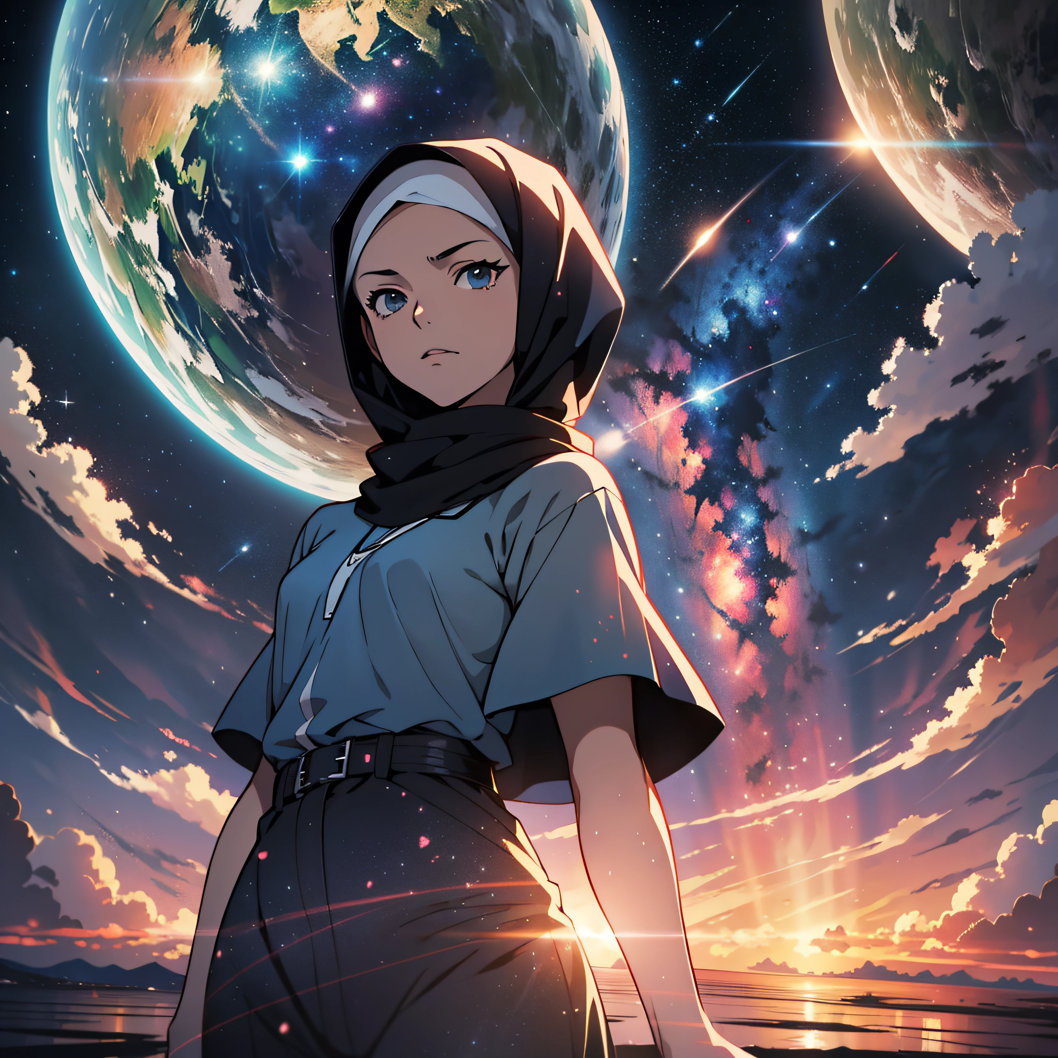 anime - style scene of a beautiful sky with a star and a planet, cosmic skies. by makoto shinkai, anime art wallpaper 4k, anime art wallpaper 4 k, anime art wallpaper 8 k, anime wallpaper 4k, anime wallpaper 4 k, 4k anime wallpaper, anime sky, amazing wallpaper, anime background, heaven planet in background, anime background art, standing young black hijab girl, blu sky.