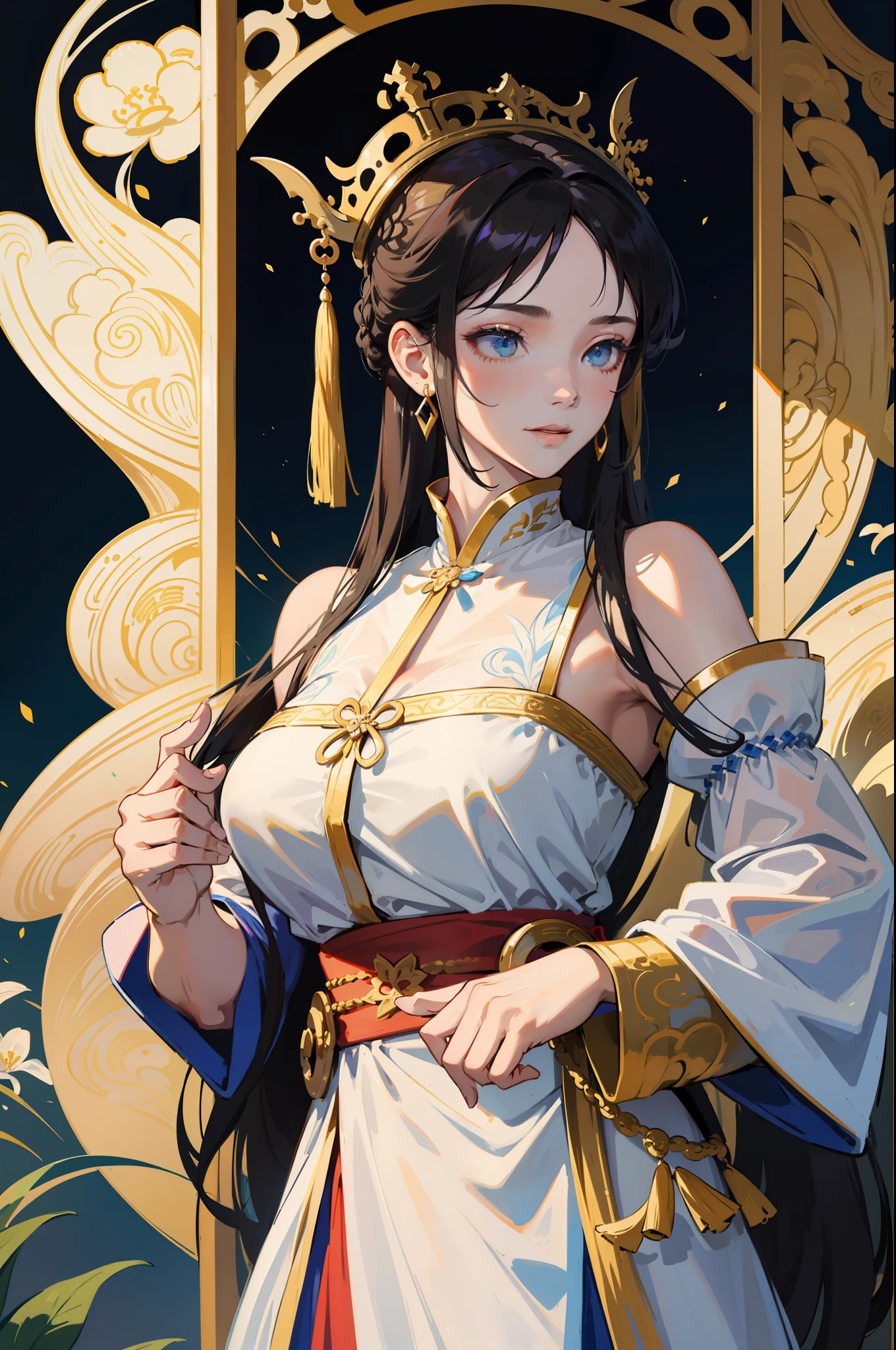 Ancient Hanfu,Dunhuang long dress,Dunhuang style,Fly Dunhuang,Wide robe with large sleeves,faeries,Step shake,Hairpins,Whole body diagram,head to toe,Bunched hair,crown of head,Hanfu,heroic look,Cold and glamorous,Indifferent eyes,Extremely beautiful,Handsome,Mature woman,Noble temperament,beautiful and seductive,Peerless beauty,Fine,perfect bodies,hair adornments,long whitr hair,Absolutely beautiful,Black belly,Smile,the detail,Perfect details,Detail portrayal,high qulity