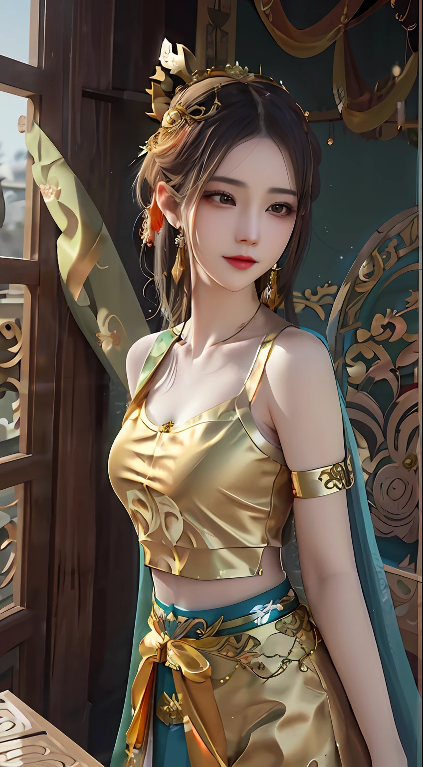 a close up of a woman in a gold dress posing for a picture, Gold clothes, a beautiful fantasy empress, very beautiful elven top model, Hanfu, Beautiful goddess, young goddess, Anime goddess, Chinese costume, fantasy style clothing, Anime girl cosplay, ((a beautiful fantasy empress)), Inspired by Lan Ying, Gold bra, Wearing ancient Chinese clothes