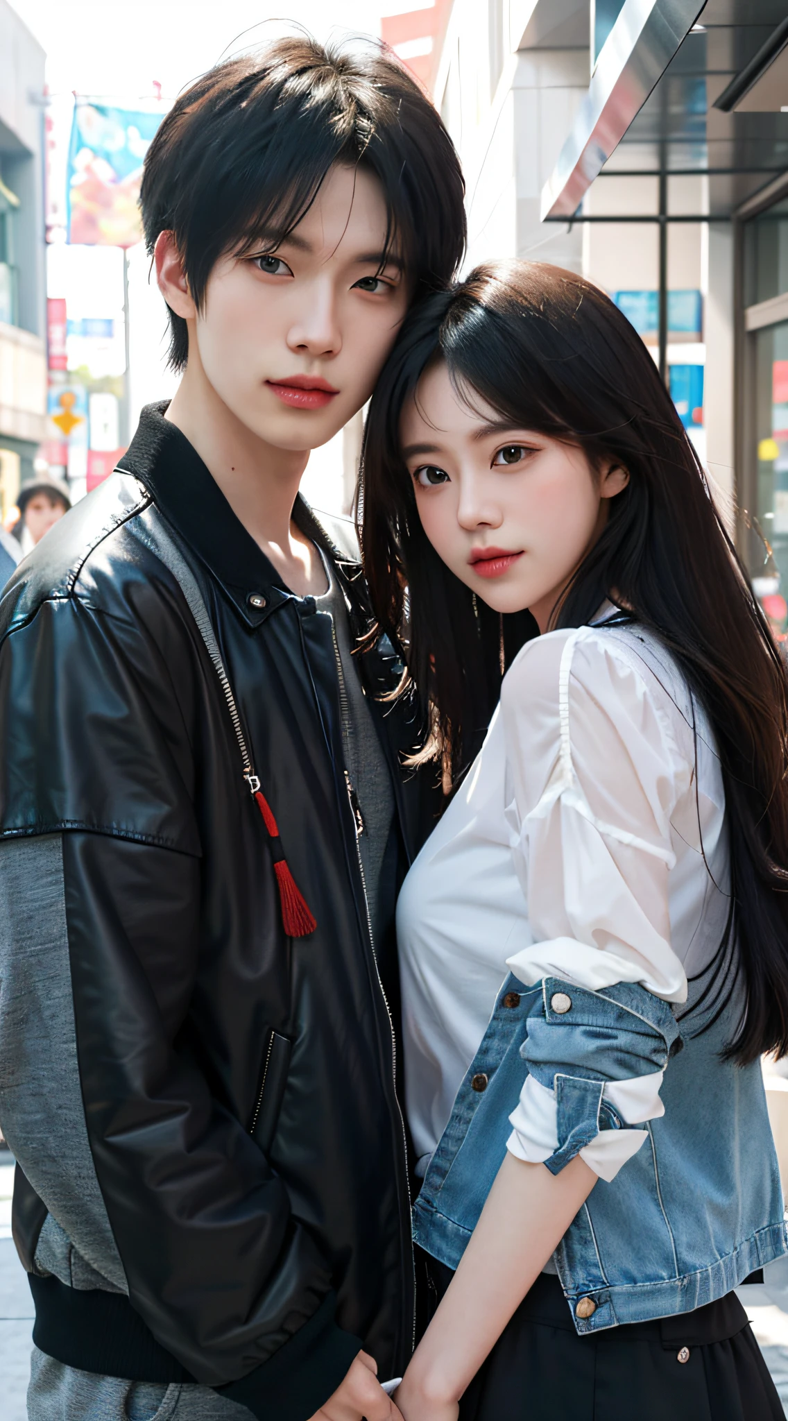 Anime couple posing for a photo on a city street, Guviz-style artwork, Guviz, cute couple, by Yang J, By Li Song, Ruan Jia and Artgerm, couple pose, By Ni Tian, by Ye Xin, author:Zhou Fang, Realistic. Cheng Yi, inspired by Yanjun Cheng, By Zeng Jing