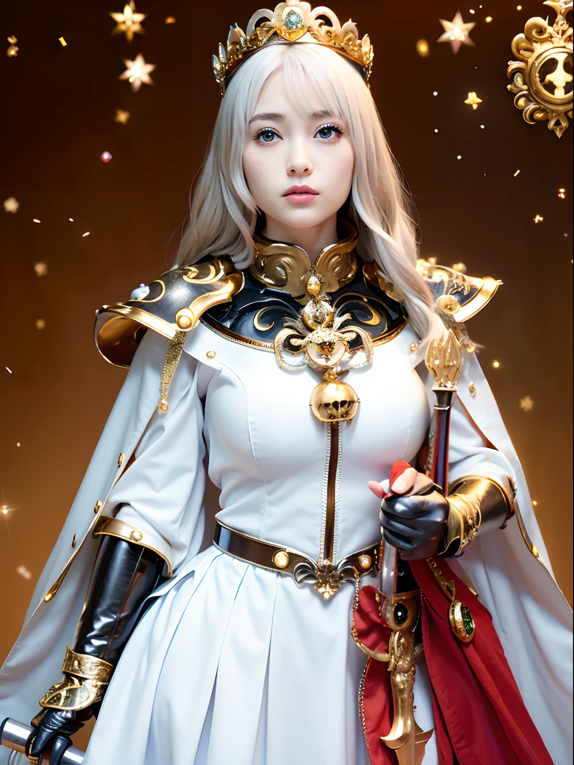 (masutepiece), Professional , ​masterpiece、top-quality、photos realistic , depth of fields （Gemstone White Metal Body:1.９),(Matte White、Jewel Gold Weapon（Jewel Metal Body:1.４),Gorgeous metal weapons ,（（ Detailed and gorgeous sword of the brave）） , Beautiful knife   ,warhammer 40k , adepta sororitas,Detail and ornate jewel crown、（（Golden hair））、（（Gangle's forest background））、Beautiful Caucasian beauty、１a person、dynamic ungle,(((Detailed and ornate diamond crown)))、Smaller head、A smile、Background inside the castle、Thin and beautiful female hands、cleavage of the breast、Soldier in iron armor on background、Mystical expression、Light Effects、intense fighting、Wind-effect、magic circles、With the legendary magic wand、