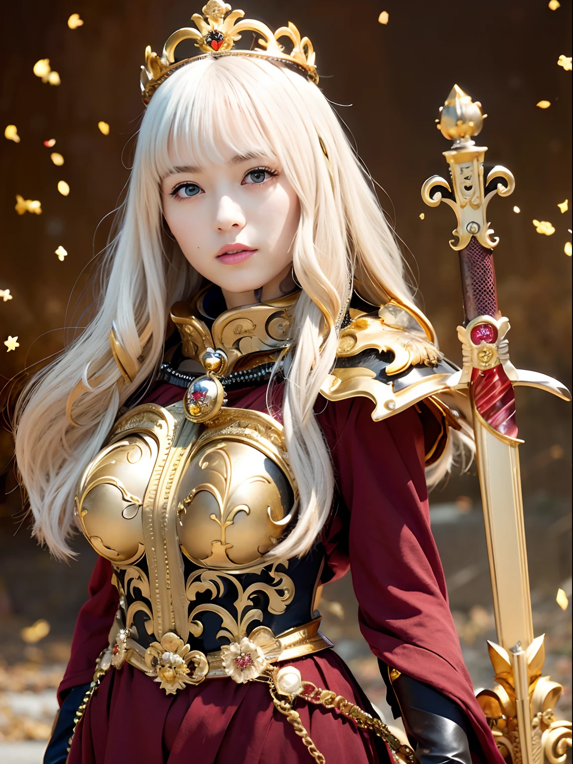 (masutepiece), Professional , masterpiece、top-quality、photos realistic , depth of fields ,(Wind element),close-up,dream magical,tornado,Lightning,(Gemstone Gold Jewel Body:1.9),(Matte White、Jewel Gold Weapon_(Gemstone Metal Body:1.4),Luminous Luxury Jewel Metal Weapon ,(( Detailed Sword of the Brave)) , Black castle background ,warhammer 40k , adepta sororitas,Detail and ornate jewel crown、Brown hair、Gangle's forest background、Beautiful Caucasian beauty、1a person、dynamic ungle,(((Detailed and ornate diamond crown)))、Particles of light、cleavage of the breast、Battle Pose、Beautiful thighs、