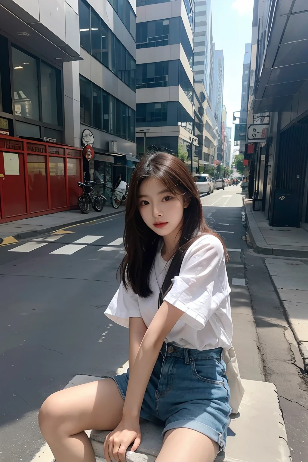 4K refined facial features，Korean girl standing on the street，Shorts，shorter pants，Sit in different places，Spread your legs