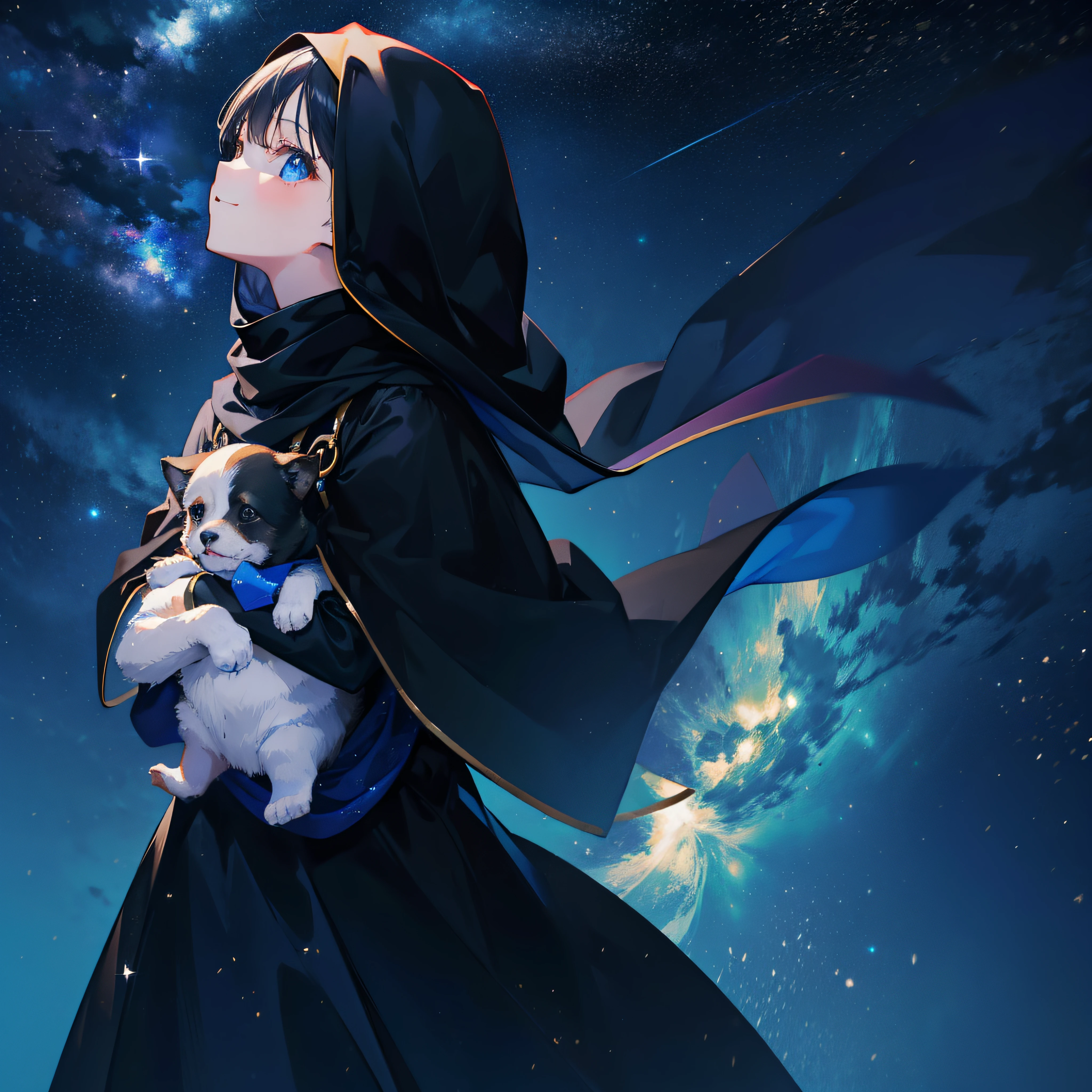 A girl looks up at the stars, holding a puppy, black hijab, smiling, blue sky.