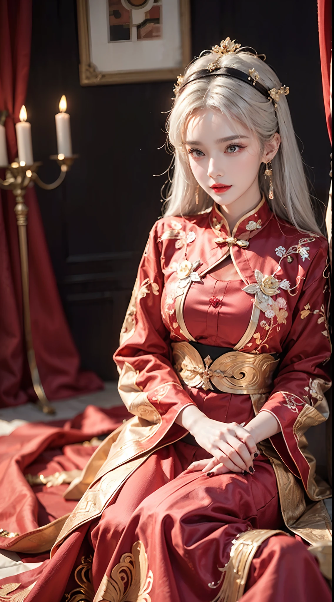 (Ultra-realistic 8k CG: 1.2), perfect artwork, delicate patterns, intricate details, (unparalleled masterpiece, best quality: 1.2), (extremely complex: 1.2), a woman in a red and gold dress, phoenix crown, hair stick, (sitting on a red bed), makeup, blush, shyness, white hair, looking down, cosmetics, (forehead point), (2 red candles), Chinese_clothes, curtains, earrings, hair_ornament,hanfu, interior, jewelry, red nails, long_sleeves, red dress, red lips, tassels, (red quilt), (red palace: 1.2), (ancient Chinese architecture), (red: 1.8), night