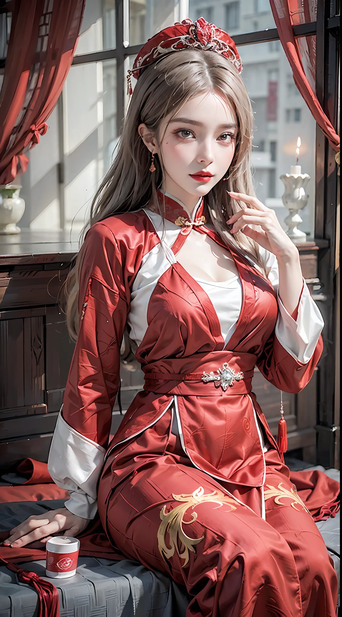 (Ultra-realistic 8k CG: 1.2), perfect artwork, delicate patterns, intricate details, (unparalleled masterpiece, best quality: 1.2), (extremely complex: 1.2), a woman in a red and gold dress, phoenix crown, hair stick, (sitting on a red bed), makeup, blush, shyness, white hair, looking down, cosmetics, (forehead point), (2 red candles), Chinese_clothes, curtains, earrings, hair_ornament,hanfu, interior, jewelry, red nails, long_sleeves, red dress, red lips, tassels, (red quilt), (red palace: 1.2), (ancient Chinese architecture), (red: 1.8), night
