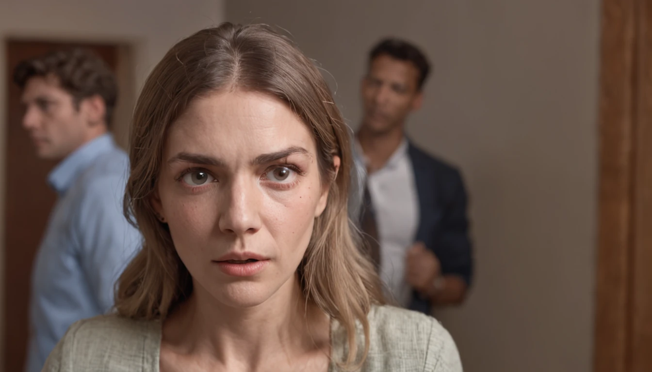 There is a man and a woman standing in a room, homem triste, man is terrified, sad exasperated expression, um homem muito triste, awkward, menacingly!, parecendo triste, Man?, forcing him to flee, Man, smug expression, flerte intenso, apavorado, Lutando, looking threatening, conflito emocional, mulheres lutando contra homens, olhando para a sua esquerda