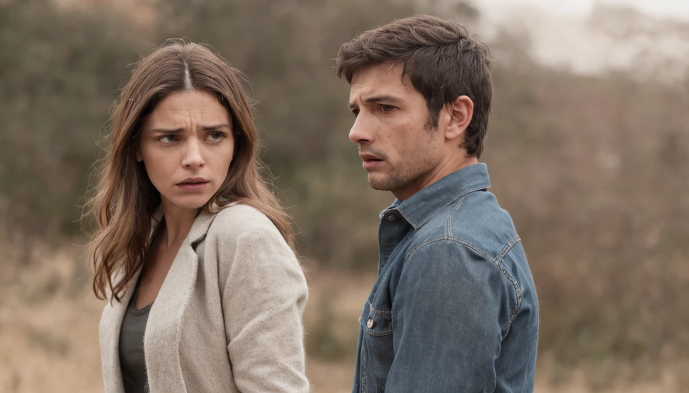 There is a man and a woman standing in a room, homem triste, man is terrified, sad exasperated expression, um homem muito triste, awkward, menacingly!, parecendo triste, Man?, forcing him to flee, Man, smug expression, flerte intenso, apavorado, Lutando, looking threatening, conflito emocional, mulheres lutando contra homens, olhando para a sua esquerda