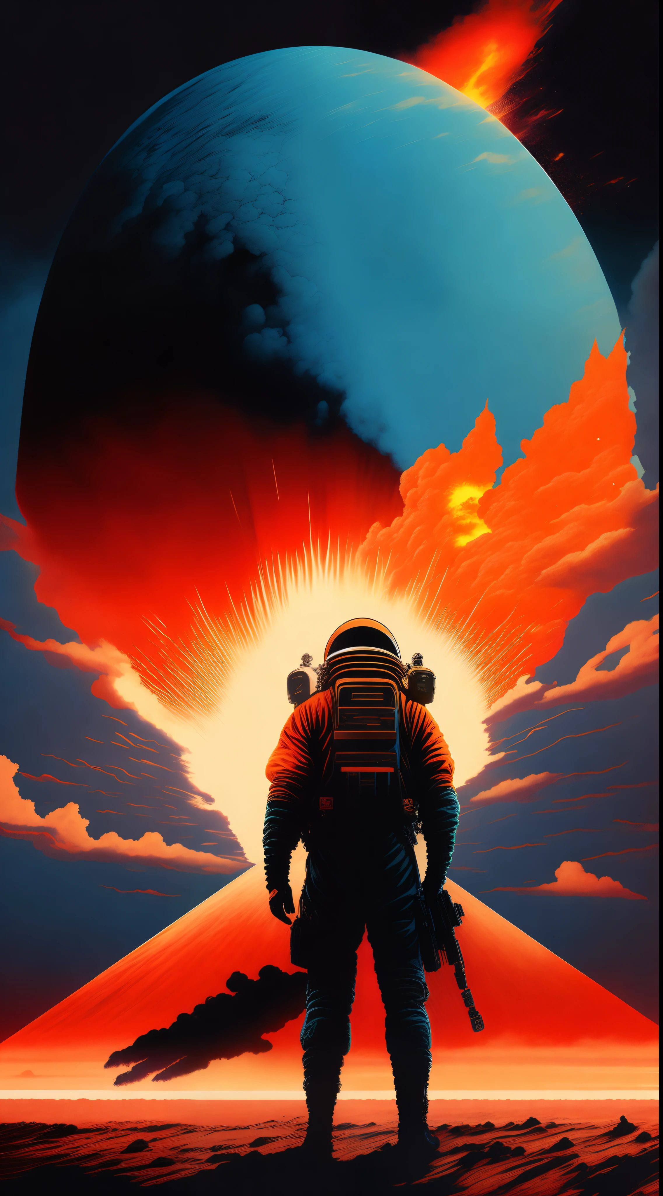 epic fantasy concept,a poster for the movie,On the ground was a man in a space suit, the explosion from akira,Akira Estilo de Arte,American vector illustration,A huge UFO in the sky, Akira Arte Japonesa, nuclear explosions paint sky, nuclear explosion!!!, Illustration of cosmic horror,Preto e vermelho bicolor,O alto contraste,Grandes e pequenos