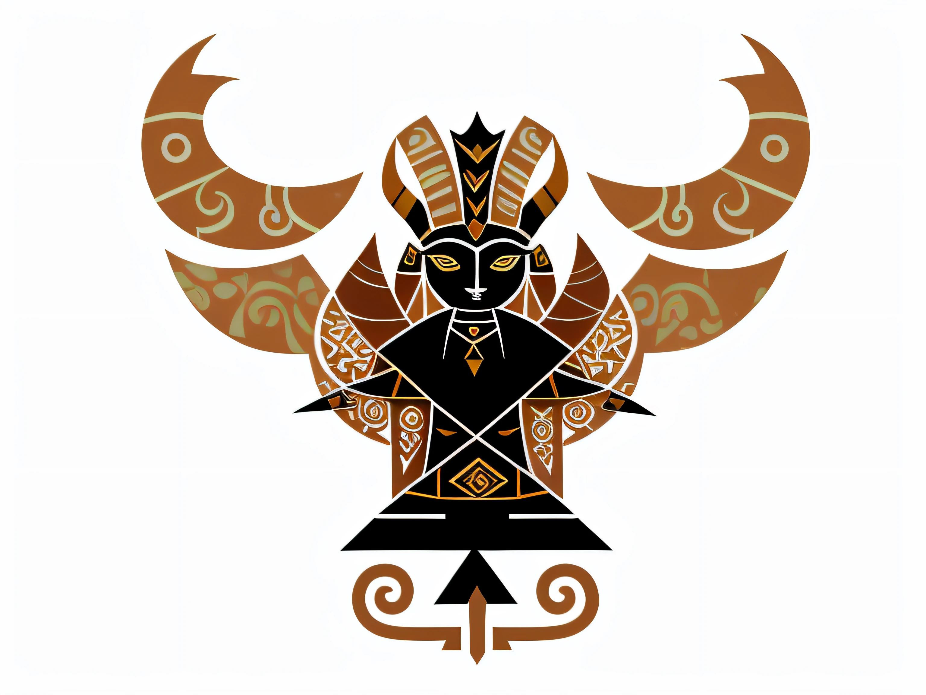 Close-up of stylized image of corner head, art deco shaman, tribal ancient imagery, ancient antler deity, tribal art, taurus zodiac sign symbol, Traditional folk art style, mystical figure, horned ram goddess, horned god, she is dressed in shaman clothes, totem 2, Celtic antler god, in the art style of quetzecoatl
