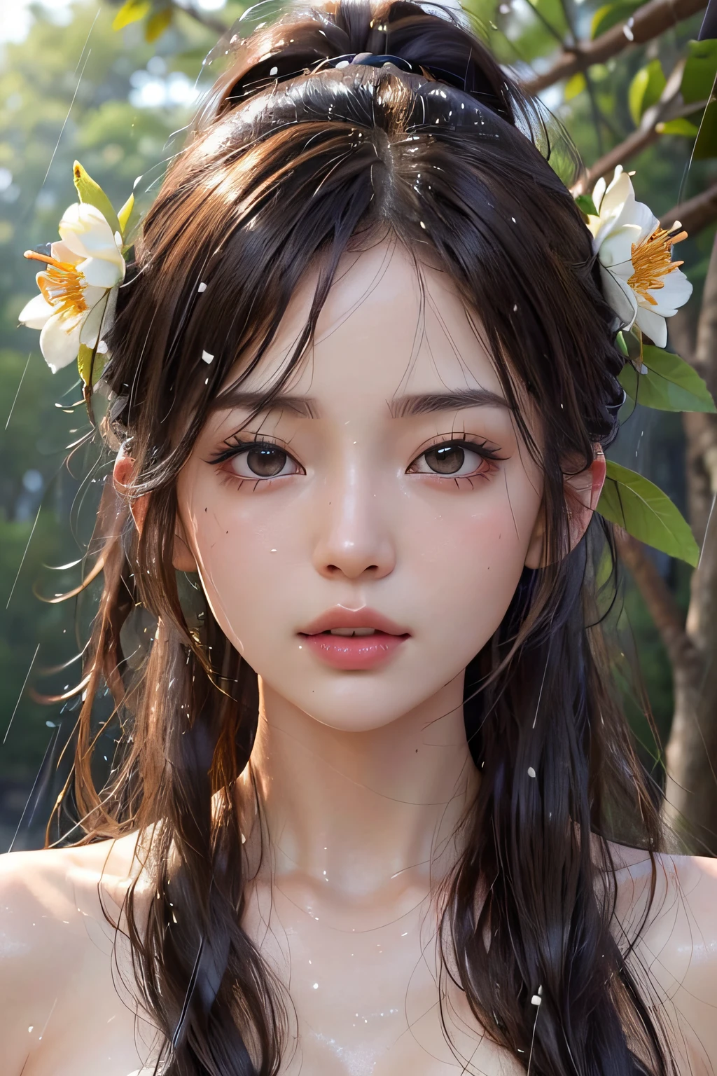 (in 8K、Raw photography、top-quality、masterpiece:1.2)、(realisitic、Photorealsitic:1.37)、1girl in、japanes、femele、((Detailed face))、Detailed lips、(A detailed eye)、More skin、((Wet Komono))、(Detailed :1.3)、(Detailed nipples:1.3)、(cammel toe)、perfectbody、(Wet body:1.2)、shinny skin、((brown haired))、(natural soft light、the woods:1.4)、(Highly detailed facial and skin texture)、((Ponytail))、(bangss)、((under the rain))、((Close your eyes))、(length hair)、((the morning sun))、((Looking Up))、Confetti、flower field、Flower bouquet、Eating ramen、