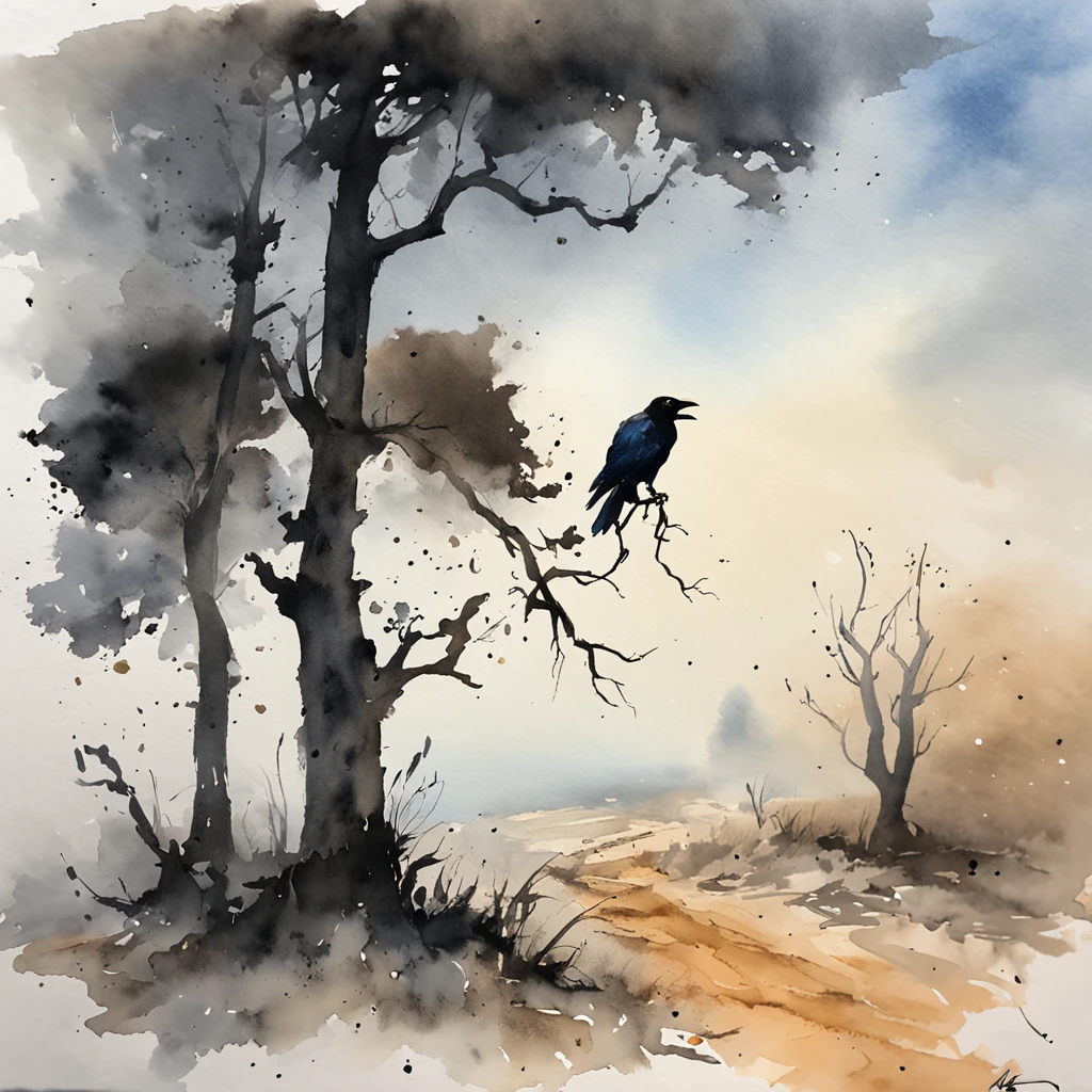 Two crows on a dead tree, A shadow shaped like a walker, Starry night, Thick fog on the ground, Blue light on the horizon, Unreal Engine 5, Cinematic, low angle photography, Motion blur, Depth of field, Dust, Cobblestones and dirt. Splash Art, dripping paint. Perfect color grading. Influenced by Karel Appel and Jeremy Mann, Full of dramatic and threatening scenes, Hyper-detailed, Beautiful, insanely details, Intricate details, editorial photography, shot with a 50mm lens, Depth of field, Tilt Blur, Shutter speed 1/1000, f/22. Lightmaps, Super bright