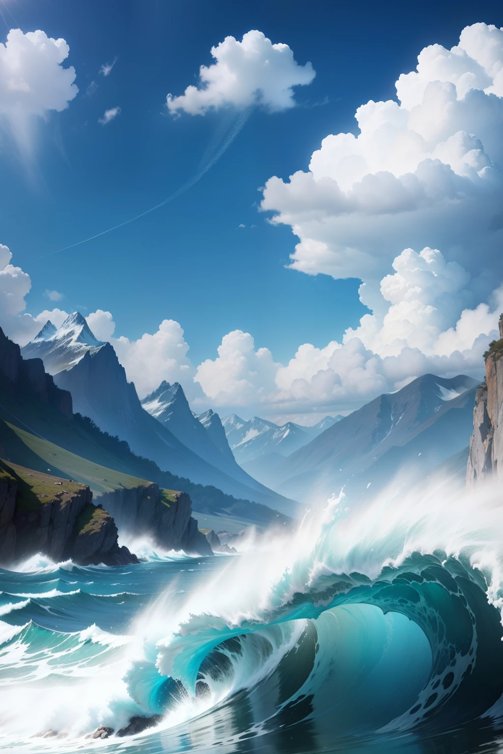 Very blue sky, white clouds, mountains on both sides, water in the middle, huge waves, drifting, Chinese wind
