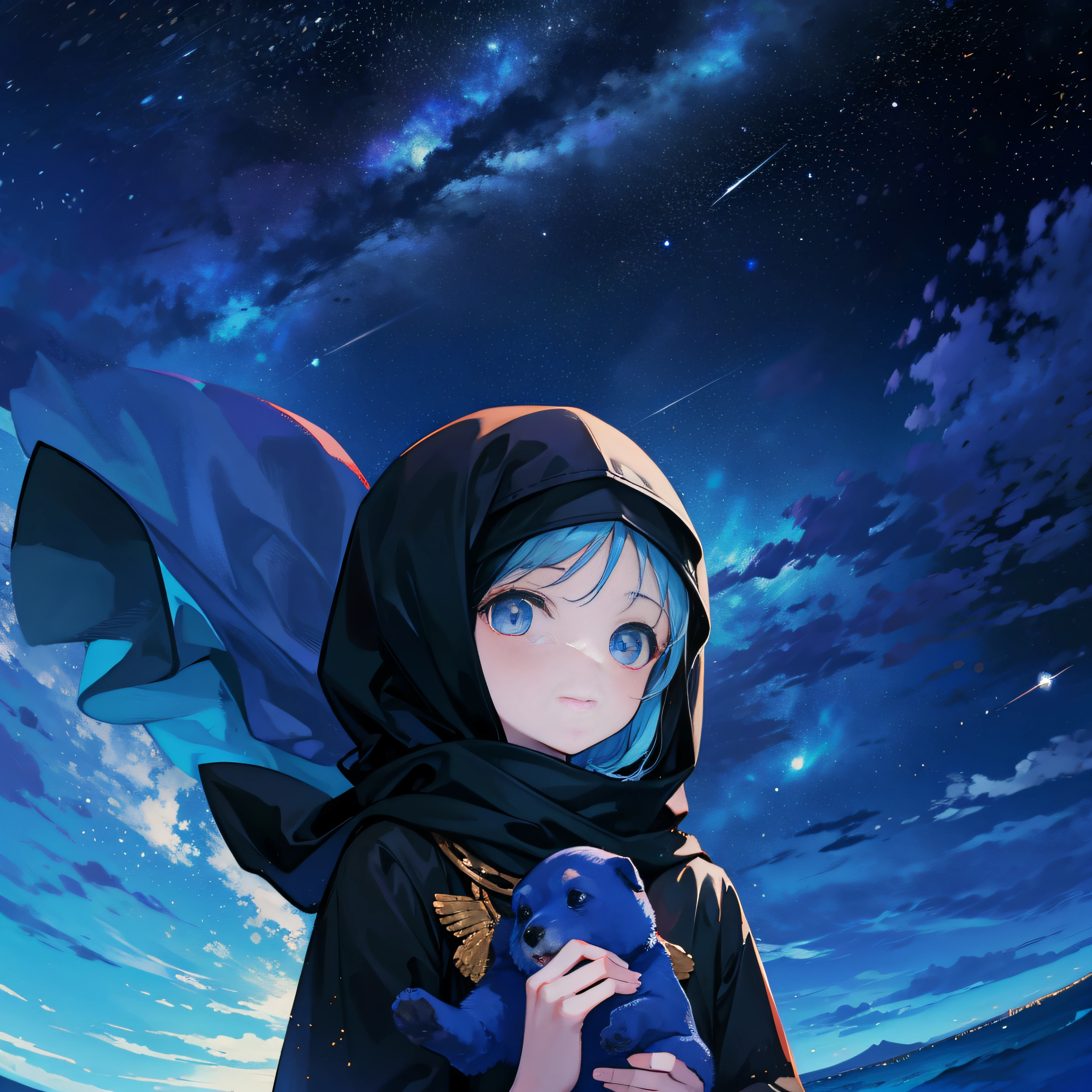 A girl looks up at the stars, holding a puppy, black hijab, smiling, blue sky.
