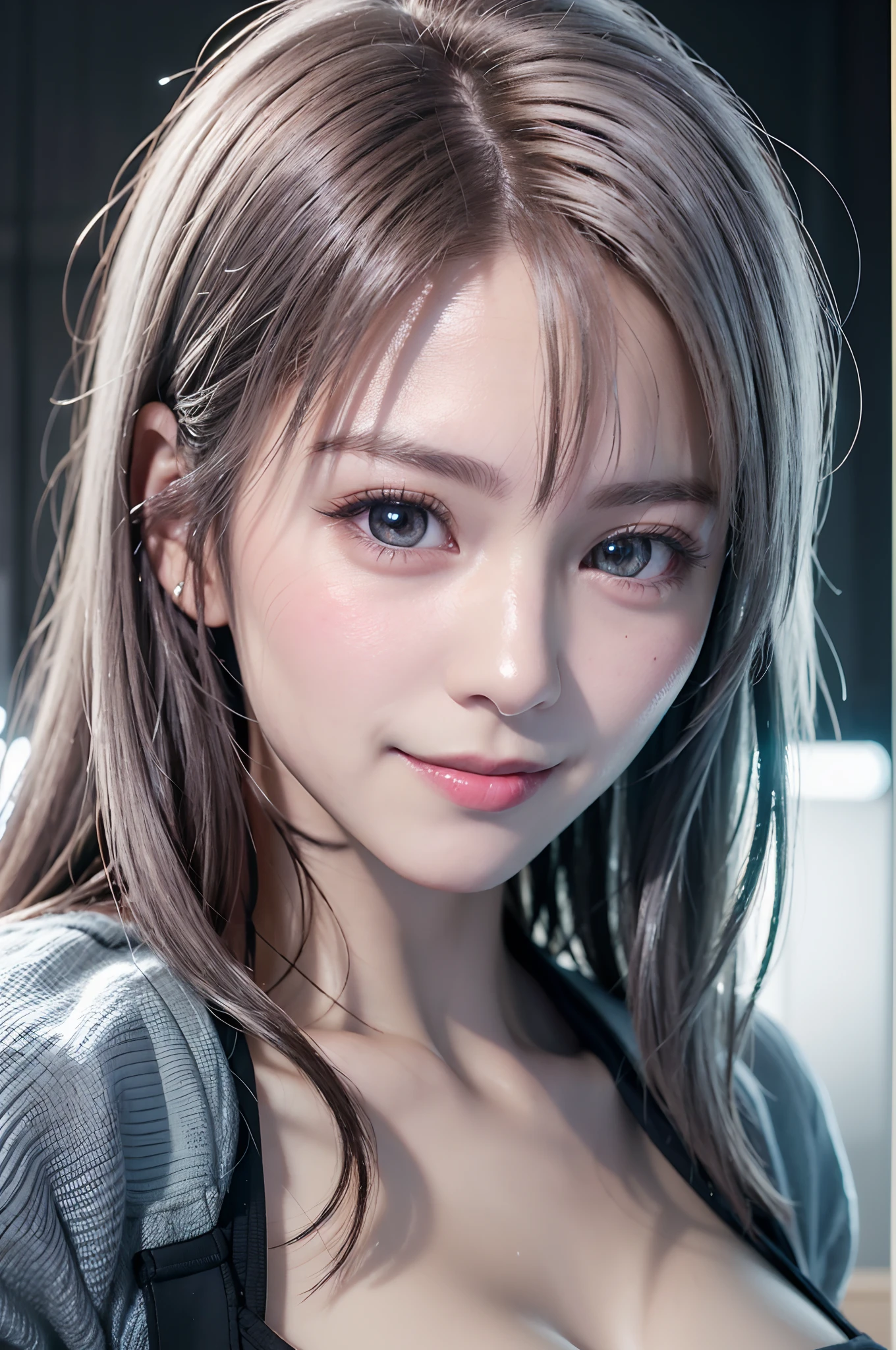 top-quality、8K Masterpiece、超A high resolution、(Photorealsitic:1.3)、Raw photo、女の子1人、silver white hair、glowy skin、1 Cyberpunk Super Beautiful Soldier、((super realistic details))、portlate、globalillumination、Shadow、octan render、8K、ultrasharp、beauty breast、Raw skin is exposed in cleavage、metals、cold color、、highly intricate detail、Realistic light、CGSoation Trends、Beautiful eyes、radiant eyes、stares at the camera、neon details、Cute smile