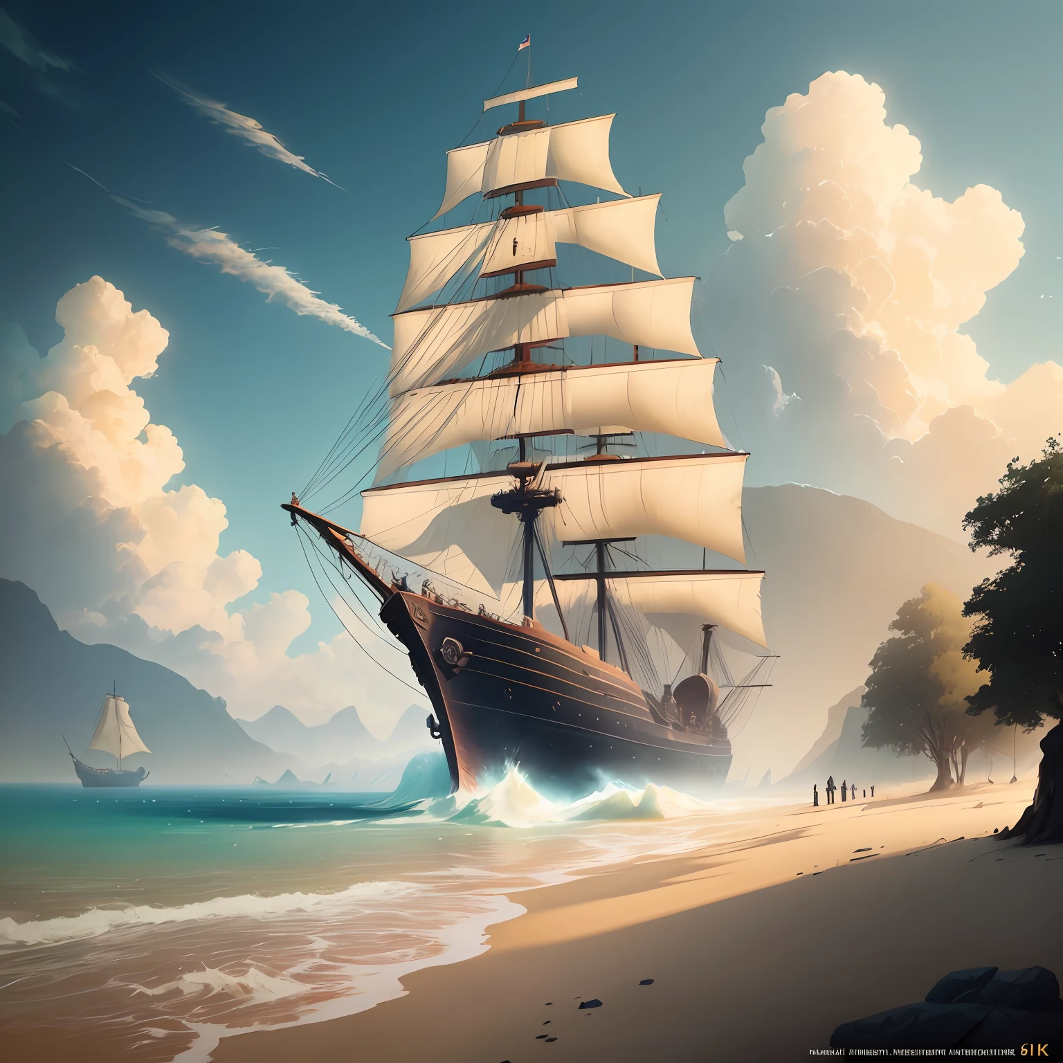 Pirate Ship, breeze, Three-masted frigate, ((of the highest quality, 8K, masutepiece: 1.3, RAW photo)), рендер unreal 5, rhads, Sargent and Leyendecker, Savrasov, Levitan Polenov, Bruce Pennington, Studio Ghibli, Tim Hildebrandt, digital arts, Landscape painting, Octane Render, Beautiful composition, award-winning photo, tmasterpiece, artstyle (dreamlikeart:1.2). mdjrny-v4 style