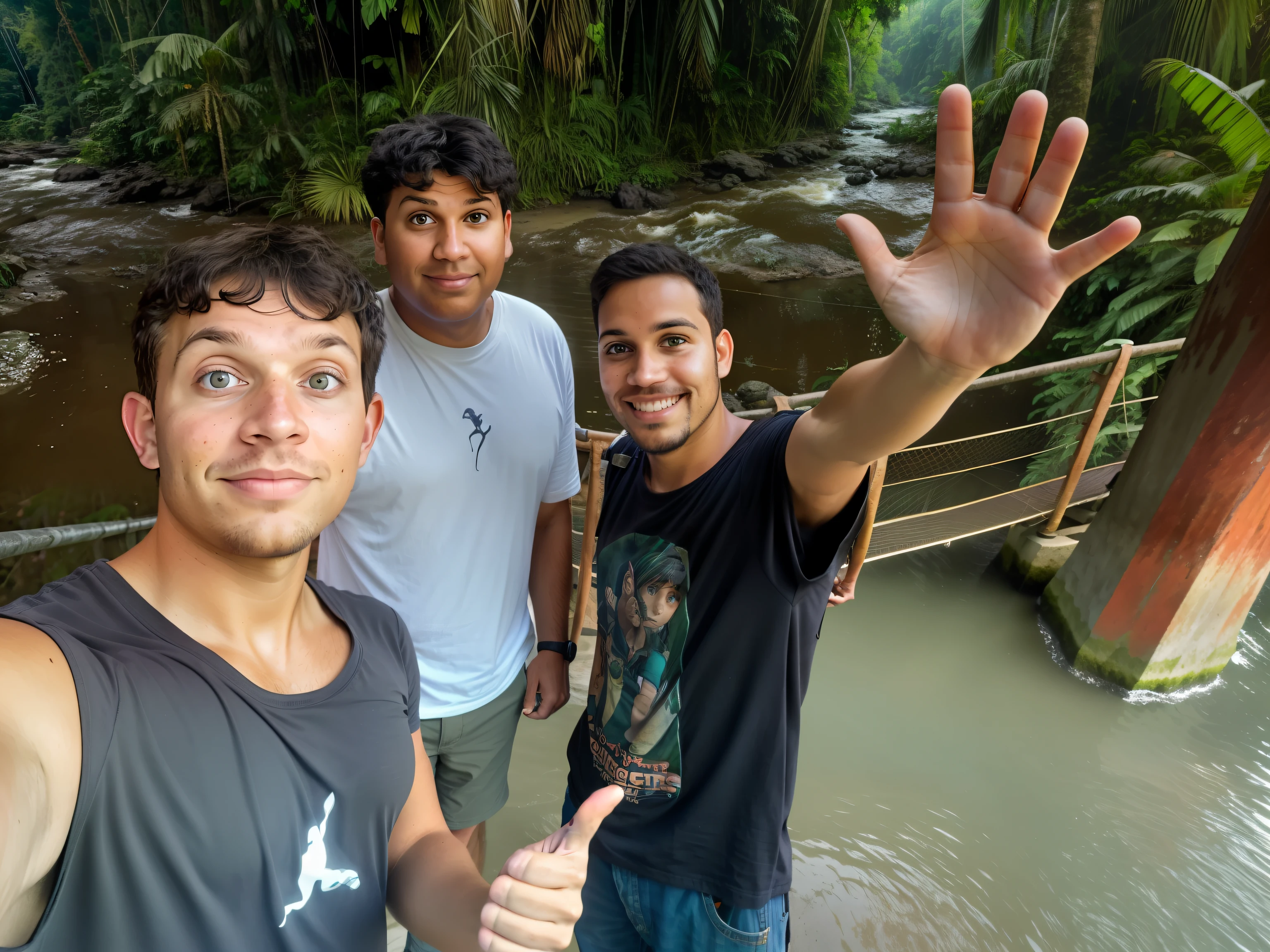 Three people stood together on the bridge,In the background is a river,,, in jungle forest !!!, connected with hanging bridge!!, waving at the camera, jungles in the background, wave a hand at the camera,glorious light,anime big breast