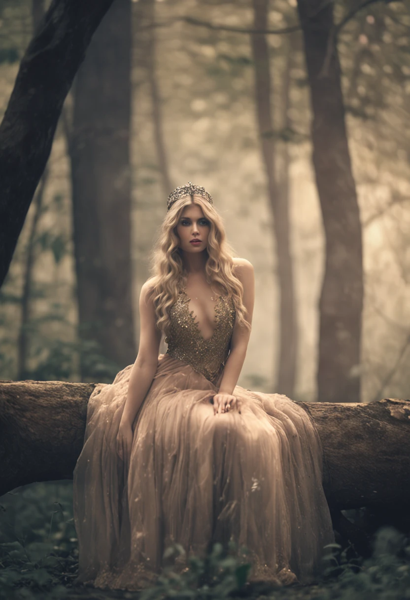Sit in a luxurious palace、Beautiful blonde girl in her 20s with plump body, Glamour、Sitting on a log in a foggy forest, abundant dark hair, Bushy bangs, Beautiful blueeyes with glitter, Beautiful face with symmetry, Pretty and innocent face, heavy make-up、 Unadorned, Film grain, dreamy photo, Concept photo, Emotional Photography, film photography, photos realistic, realisitic, Sharp Focus, 14k, ighly detailed, cgsociety, ultra-definition, Very fine particles, Grain Filter