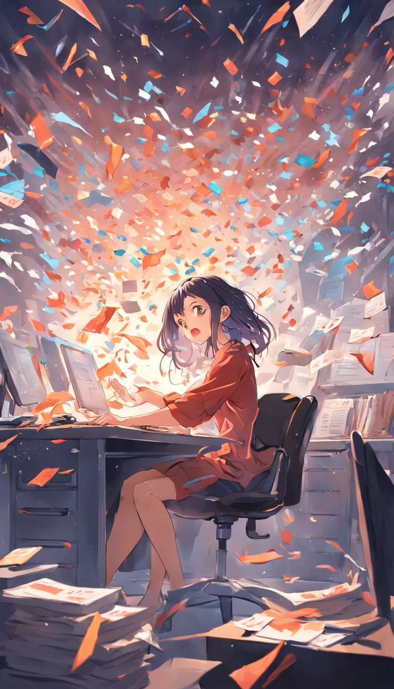 a woman sitting at her desk at work with a torrent of emails flying out of the screen blowing her hair back, vector, clip art, tshirt graphic
