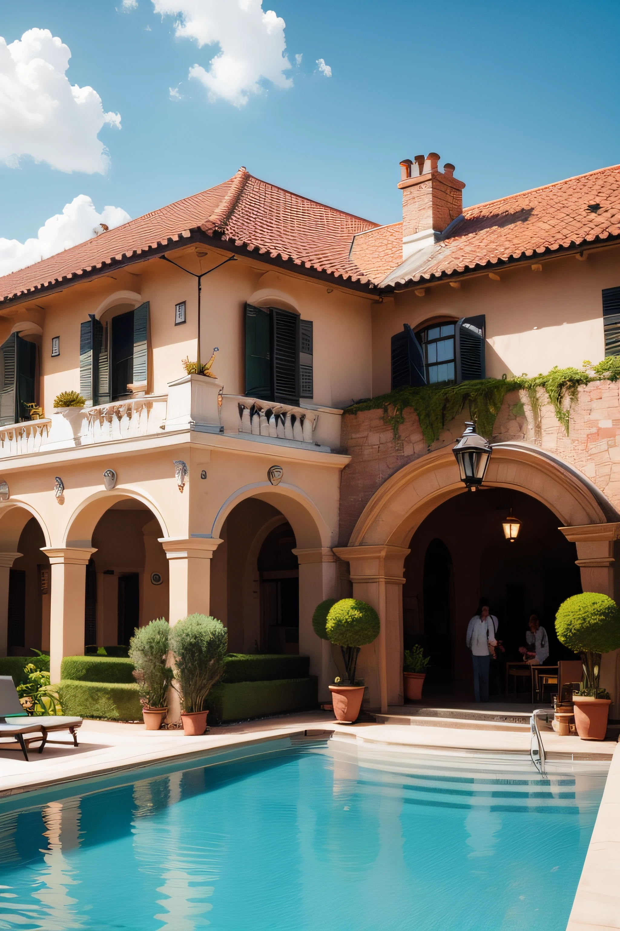 casal feliz, behind with a Mercedes and a mansion with pool