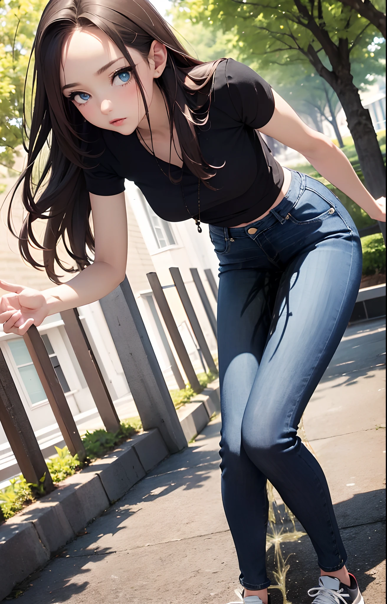 masterpiece, extremery magnificent view, perspective, extremery best quality, extremery detailed CG, 8k wallpaper, high resolution, highly detailed face, highly detailed eyes, perfect anatomy, super detailed skin,
(dynamic angle, dynamic pose:1.2), outdoors, park, tree and pond, (portrait, legs focus, full body), (beautiful face, beautiful eyes, beautiful legs:1.3), ((((((pee stain)))))), blush, worried,
1 girl, solo, (black blouse, skinny jeans:1.3), short sleeves, medium breasts, brown hair, long hair, floating hair, straight hair, open forehead, (grey sneakers:1.3), blue eyes, (blue jeans:1.3), skinny, slender, wide hips, thin waist