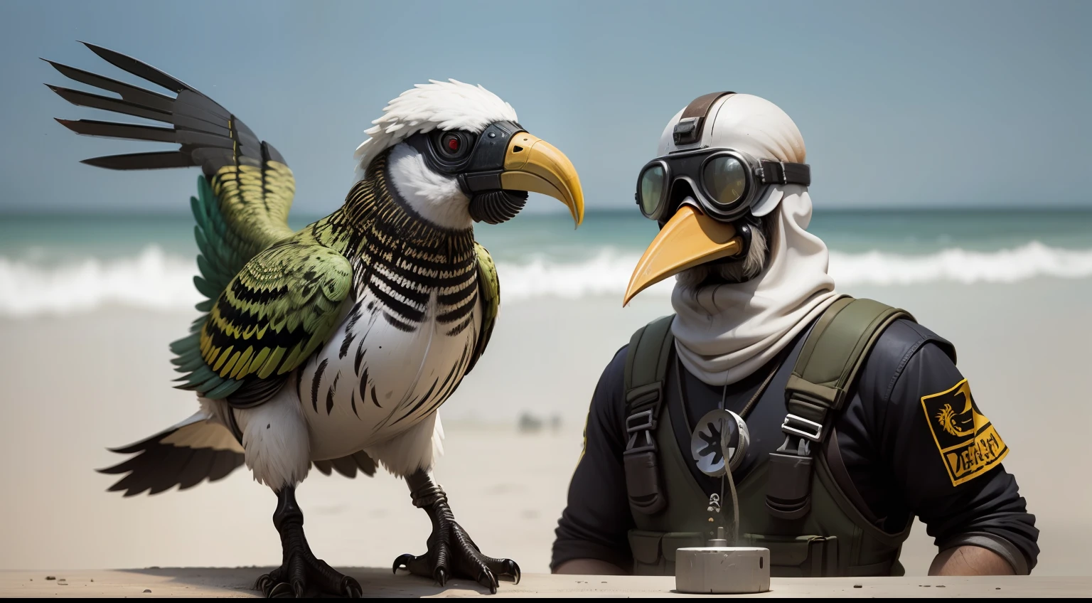 Bird-headed bird-beaked man,Wear pilot round goggles,The shell is broken,decrepit